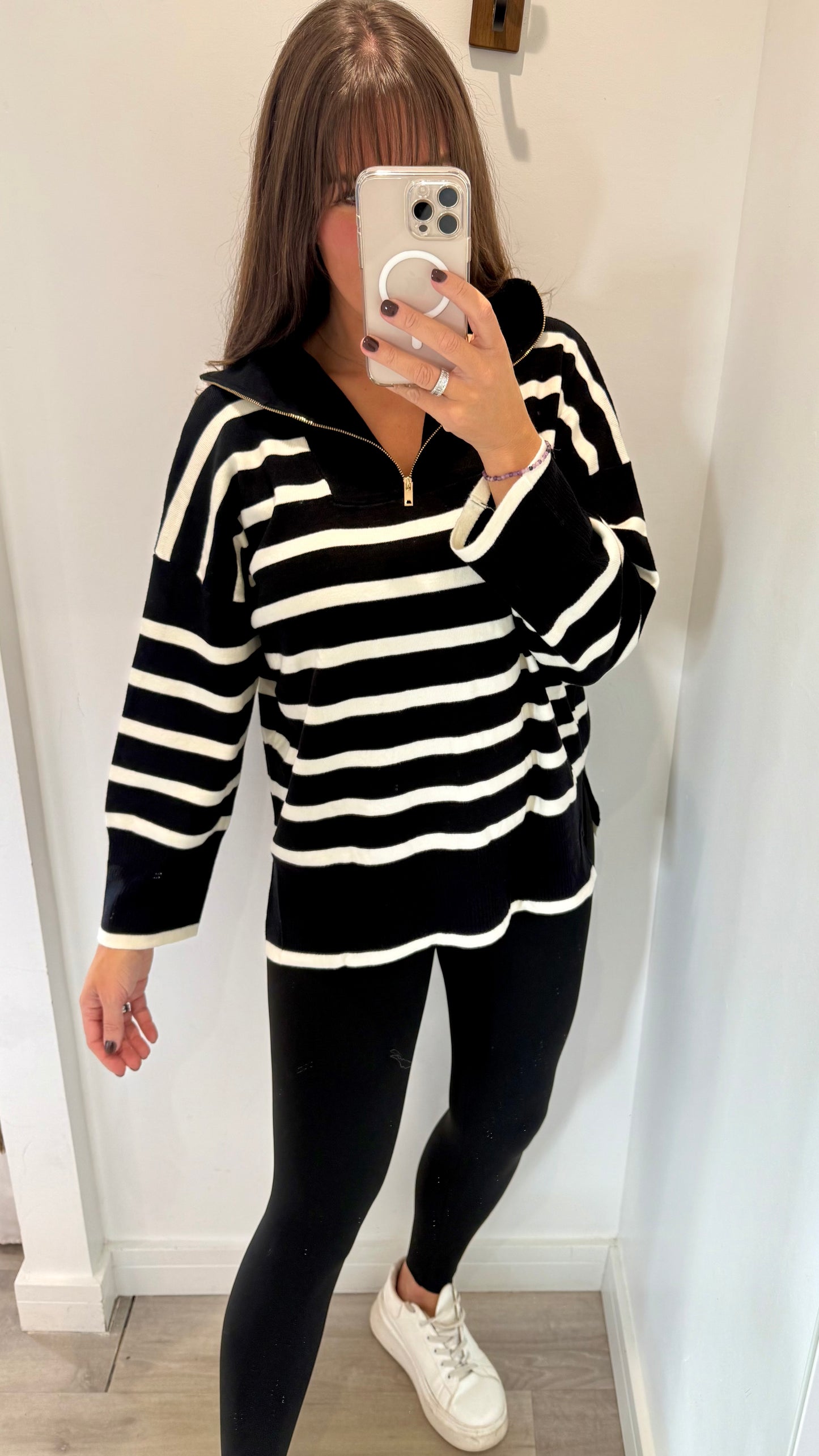 BLACK AND WHITE STRIPE ZIP NECK JUMPER - FUNNEL NECK