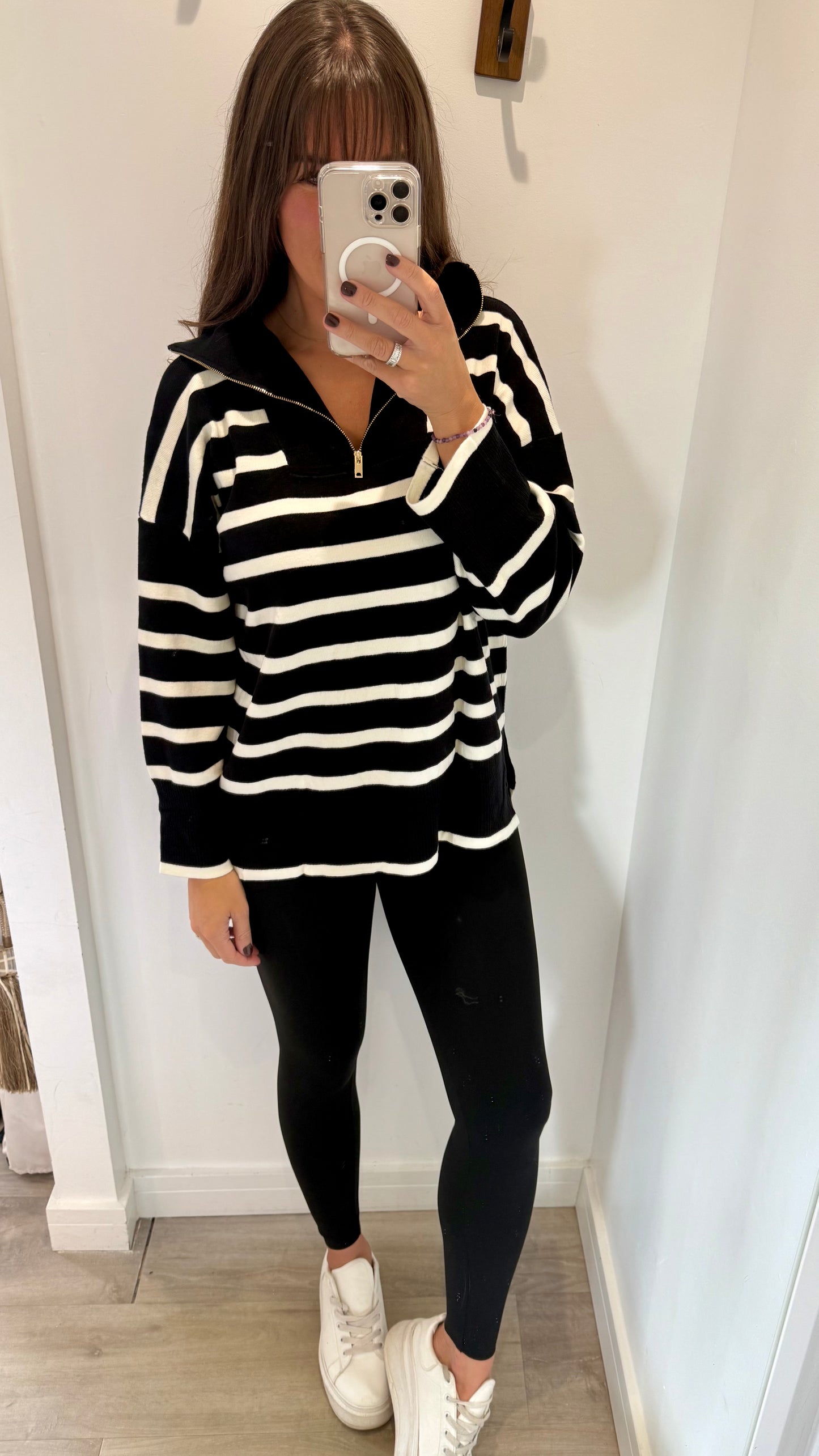BLACK AND WHITE STRIPE ZIP NECK JUMPER - FUNNEL NECK