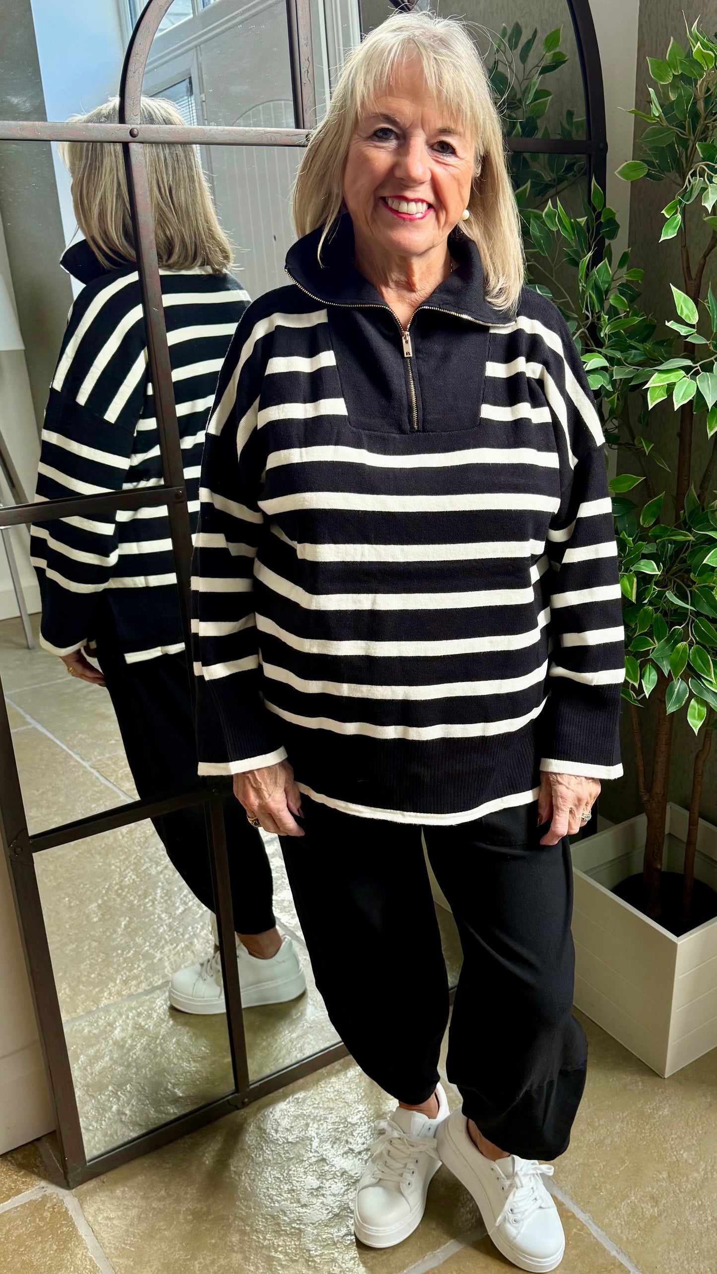 BLACK AND WHITE STRIPE ZIP NECK JUMPER - FUNNEL NECK