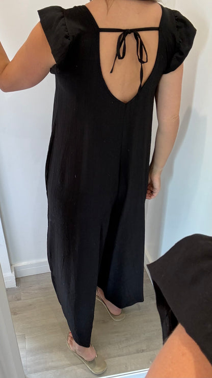 BLACK FRILL SLEEVE TIE-BACK JUMPSUIT