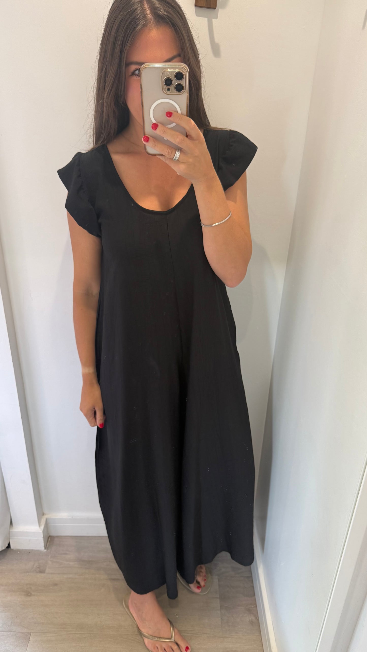 BLACK FRILL SLEEVE TIE-BACK JUMPSUIT