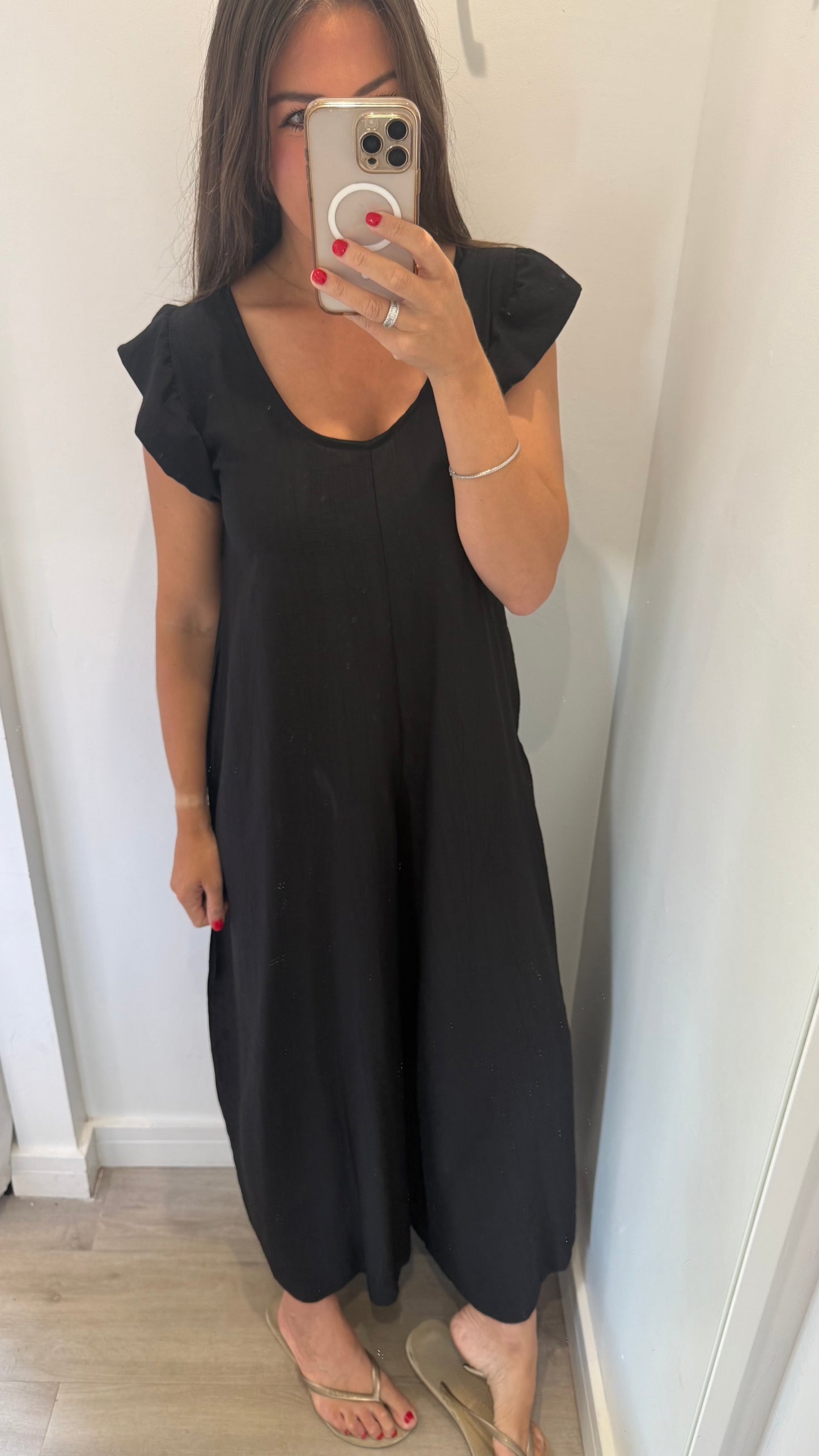 BLACK FRILL SLEEVE TIE-BACK JUMPSUIT