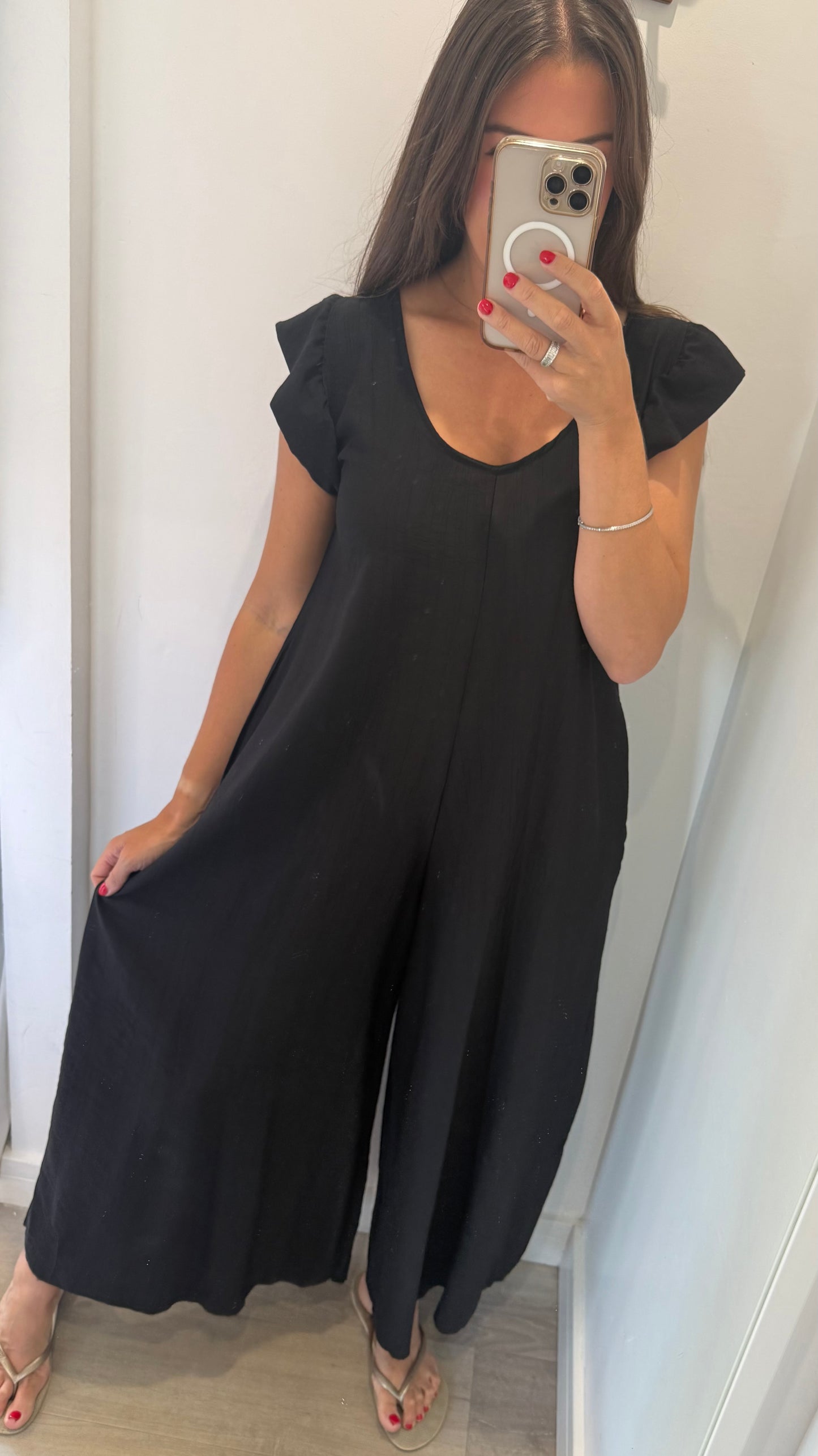 BLACK FRILL SLEEVE TIE-BACK JUMPSUIT