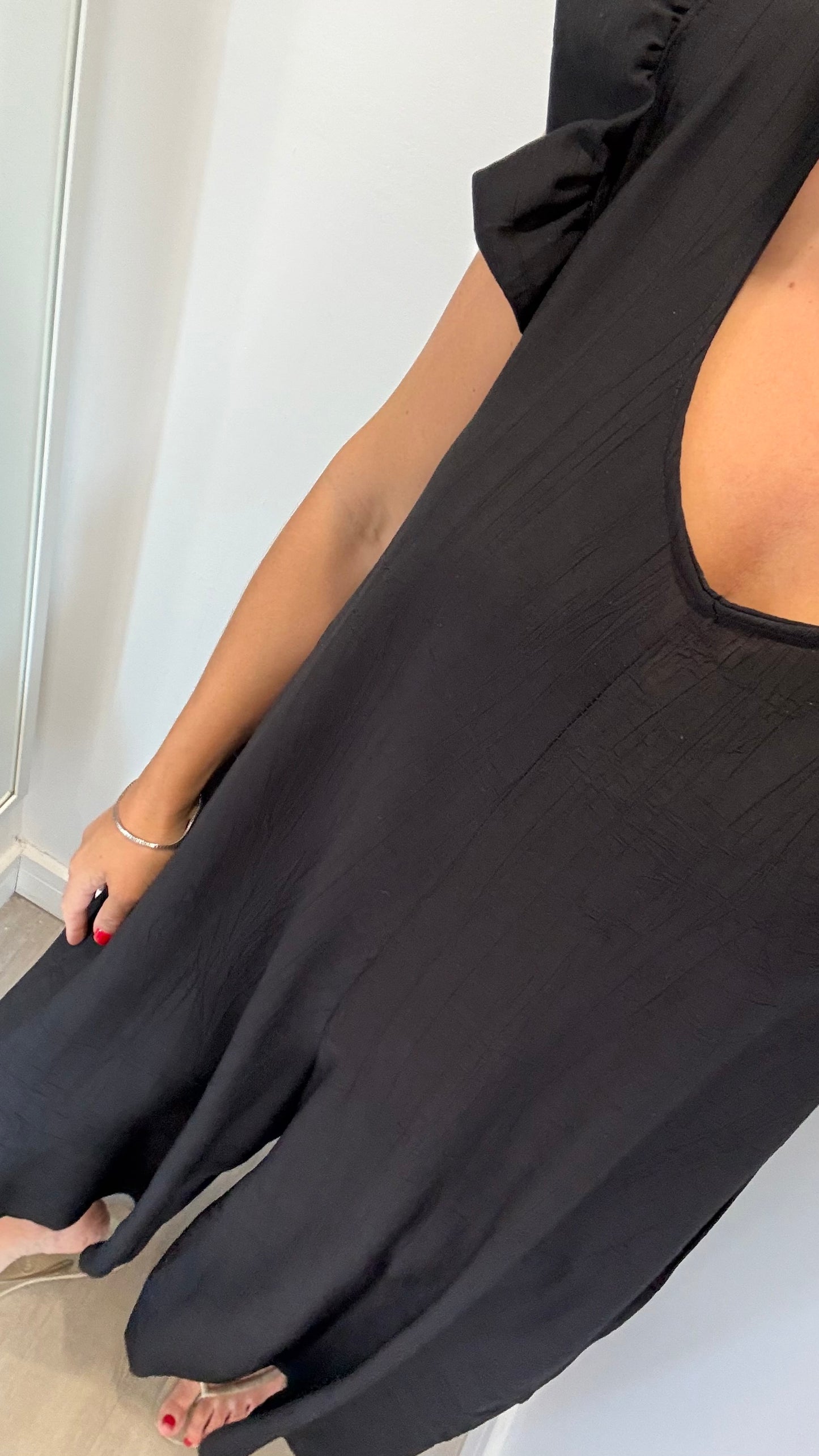 BLACK FRILL SLEEVE TIE-BACK JUMPSUIT