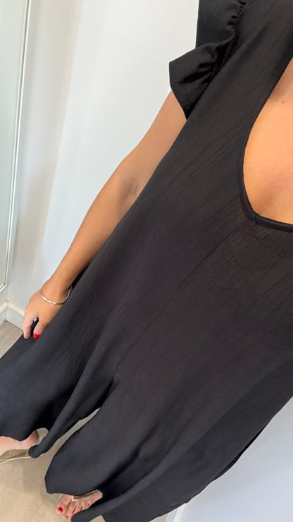 BLACK FRILL SLEEVE TIE-BACK JUMPSUIT