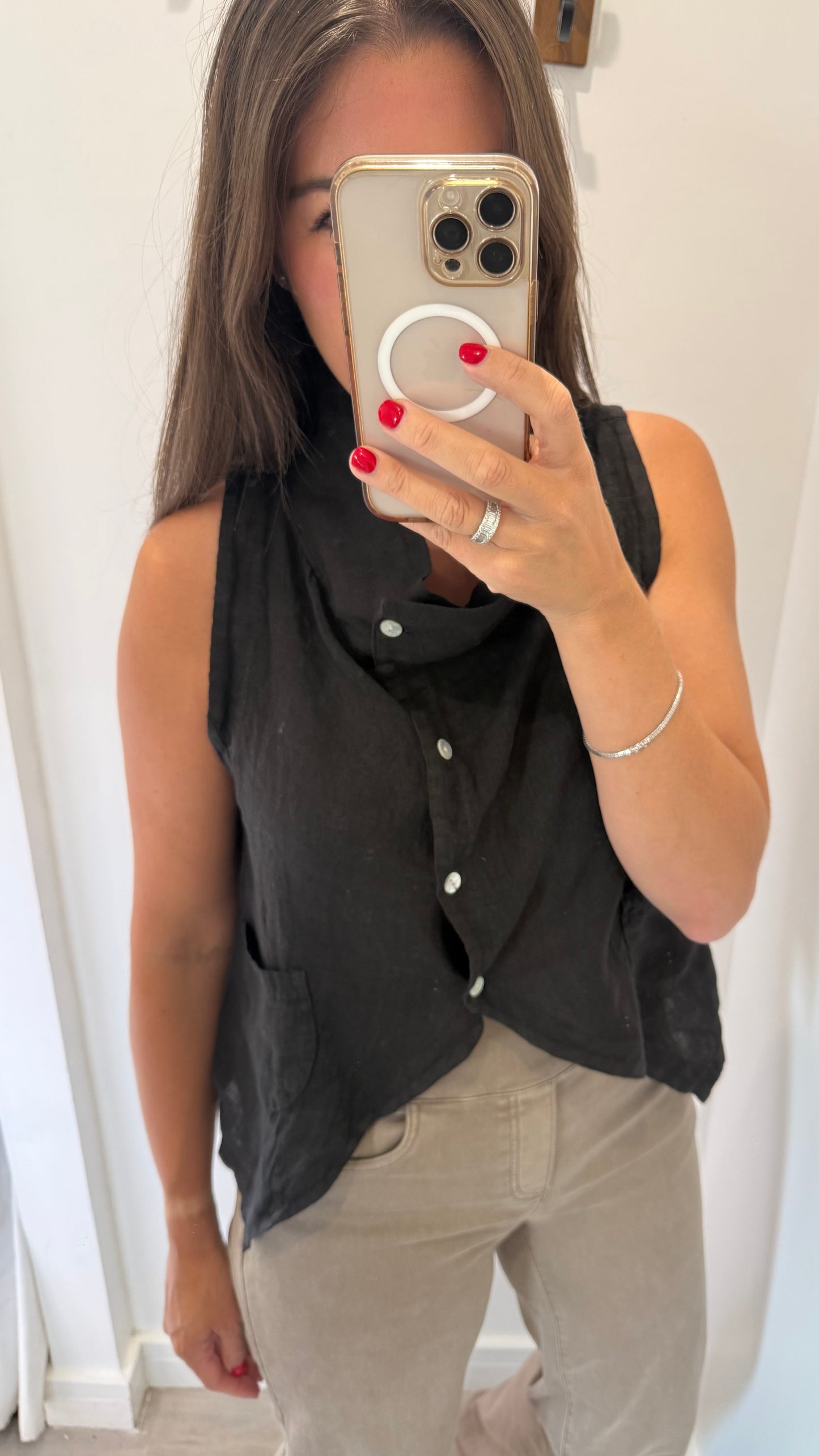 BLACK LINEN COWL WAISTCOAT TOP