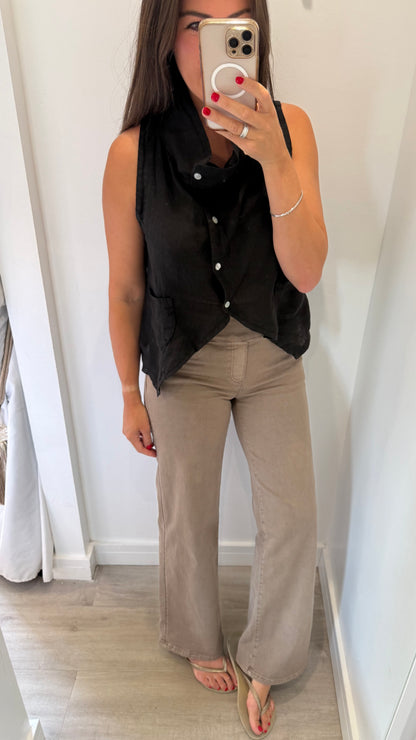 BLACK LINEN COWL WAISTCOAT TOP