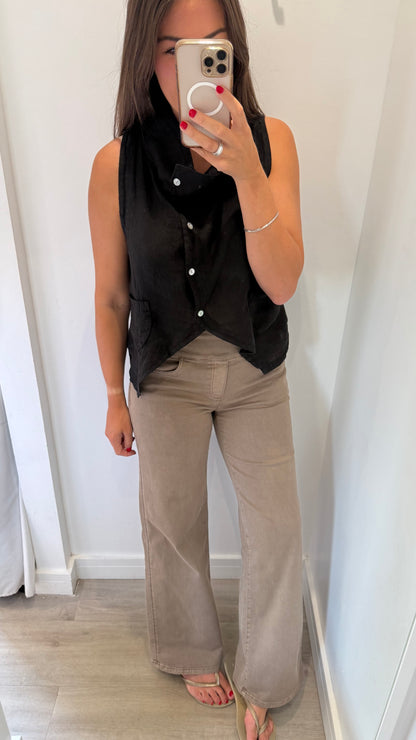 BLACK LINEN COWL WAISTCOAT TOP