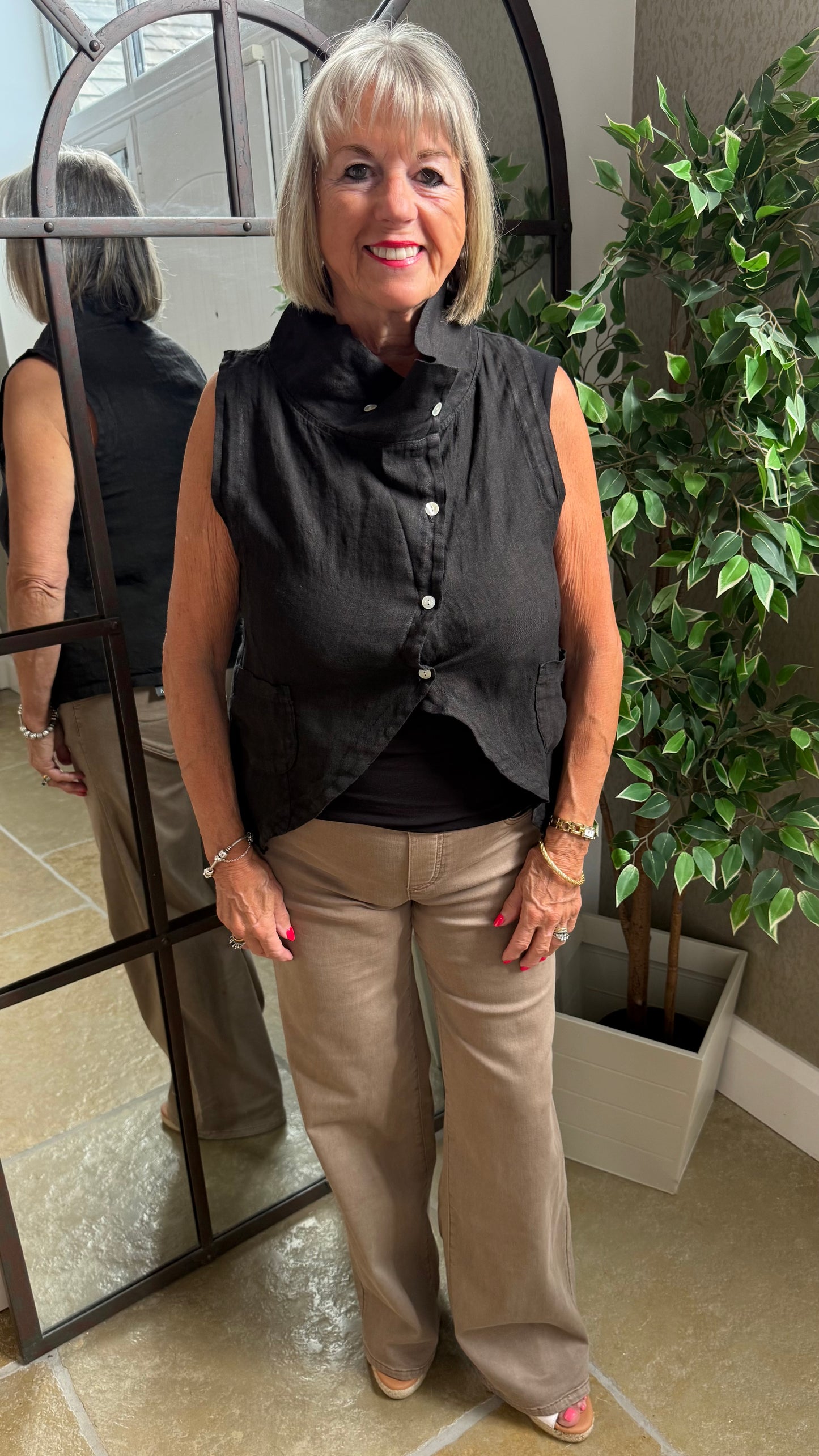 BLACK LINEN COWL WAISTCOAT TOP