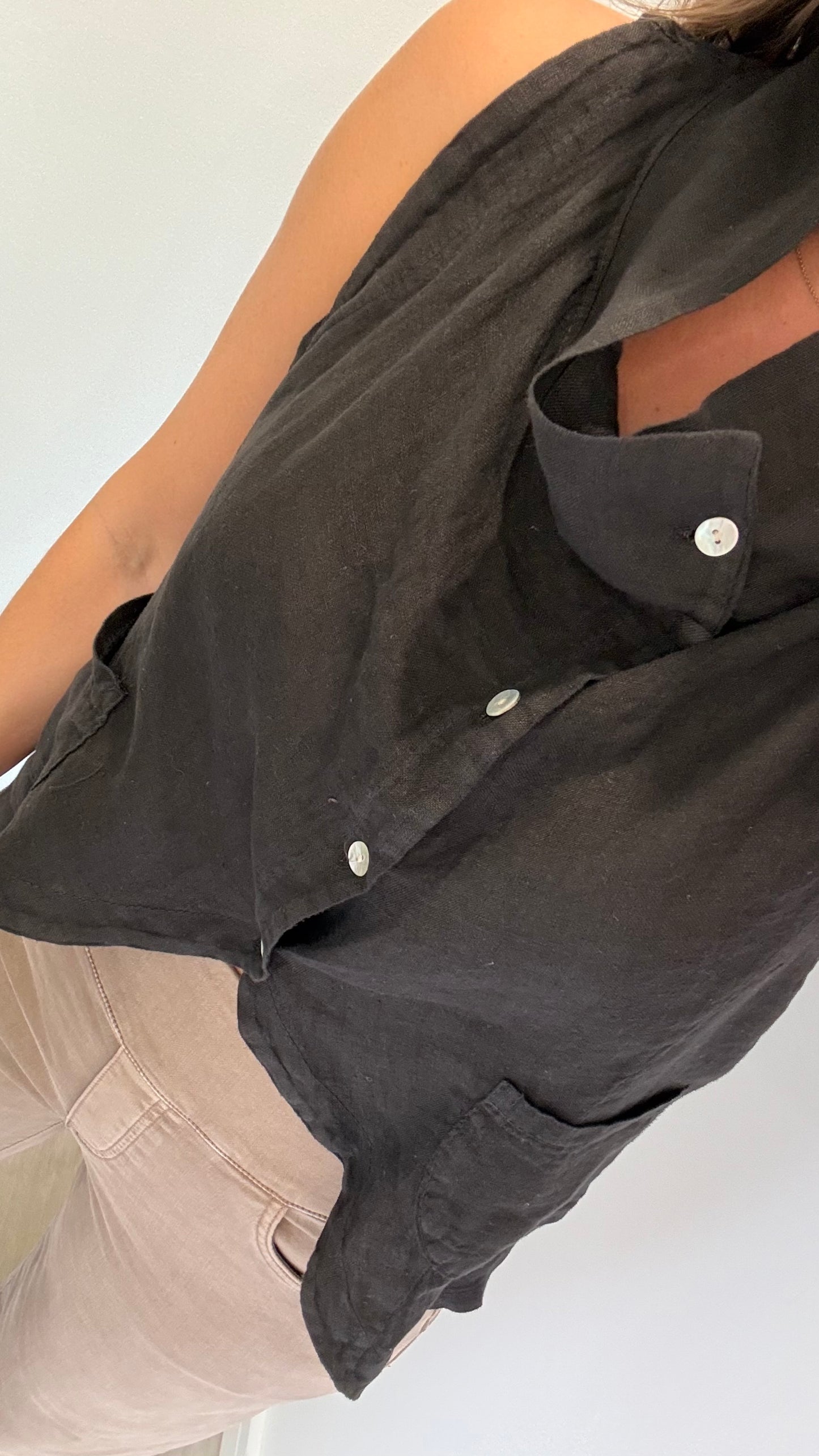 BLACK LINEN COWL WAISTCOAT TOP