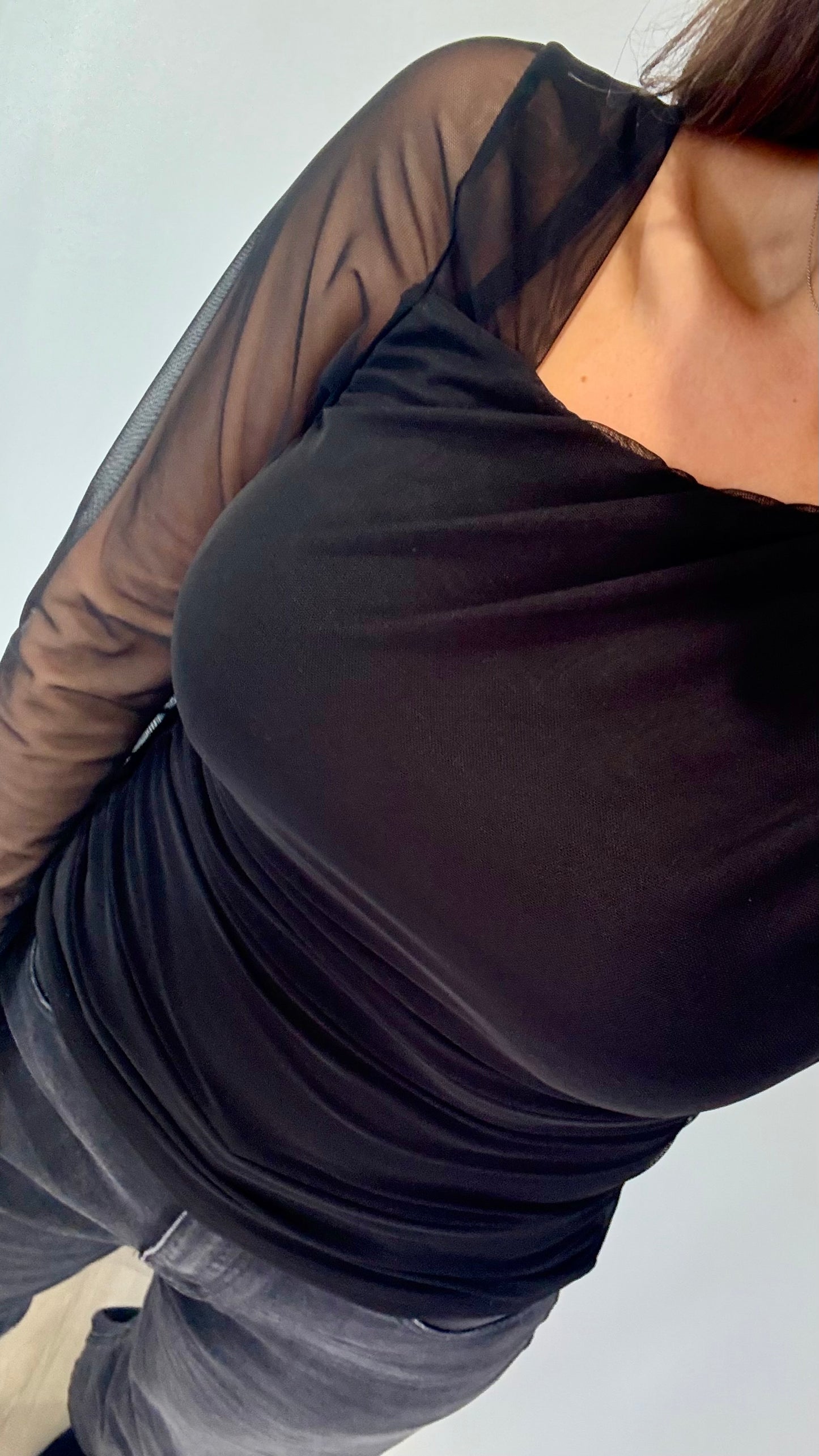 BLACK MESH SHEER SLEEVE TOP WITH ASYMMETRIC NECKLINE