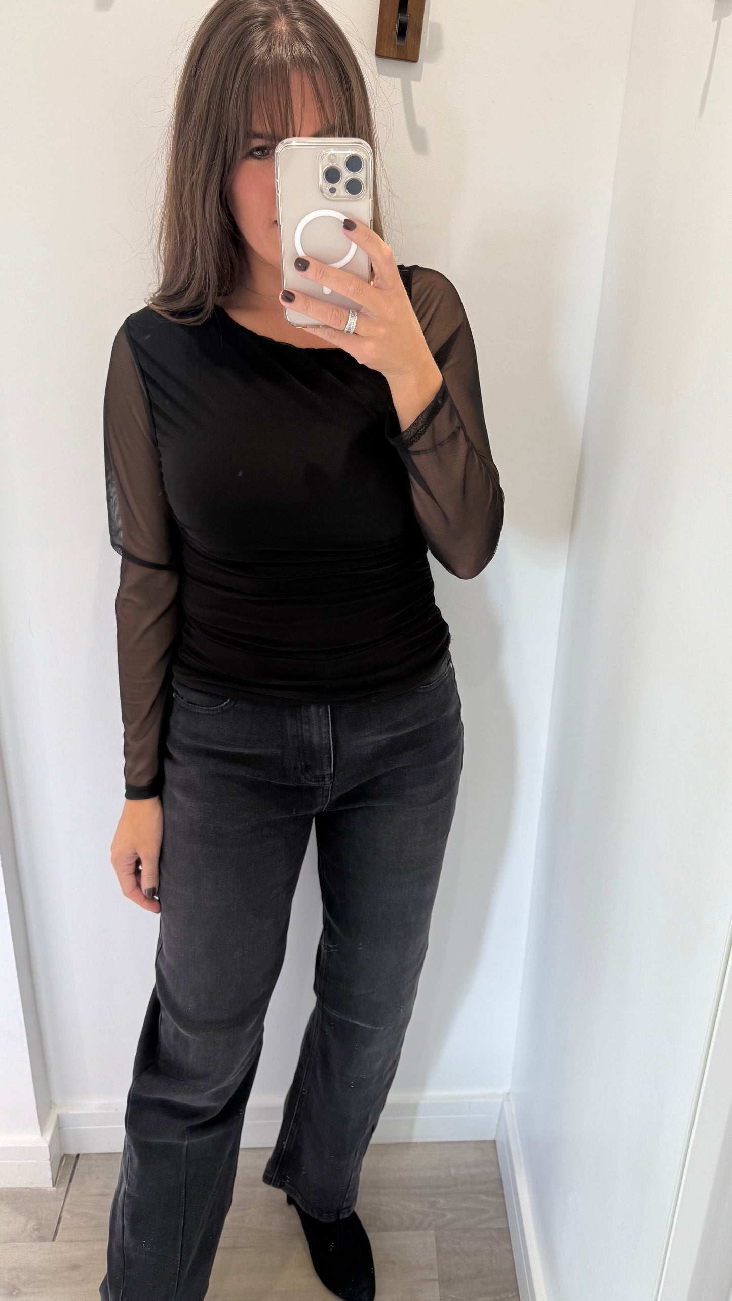 BLACK MESH SHEER SLEEVE TOP WITH ASYMMETRIC NECKLINE