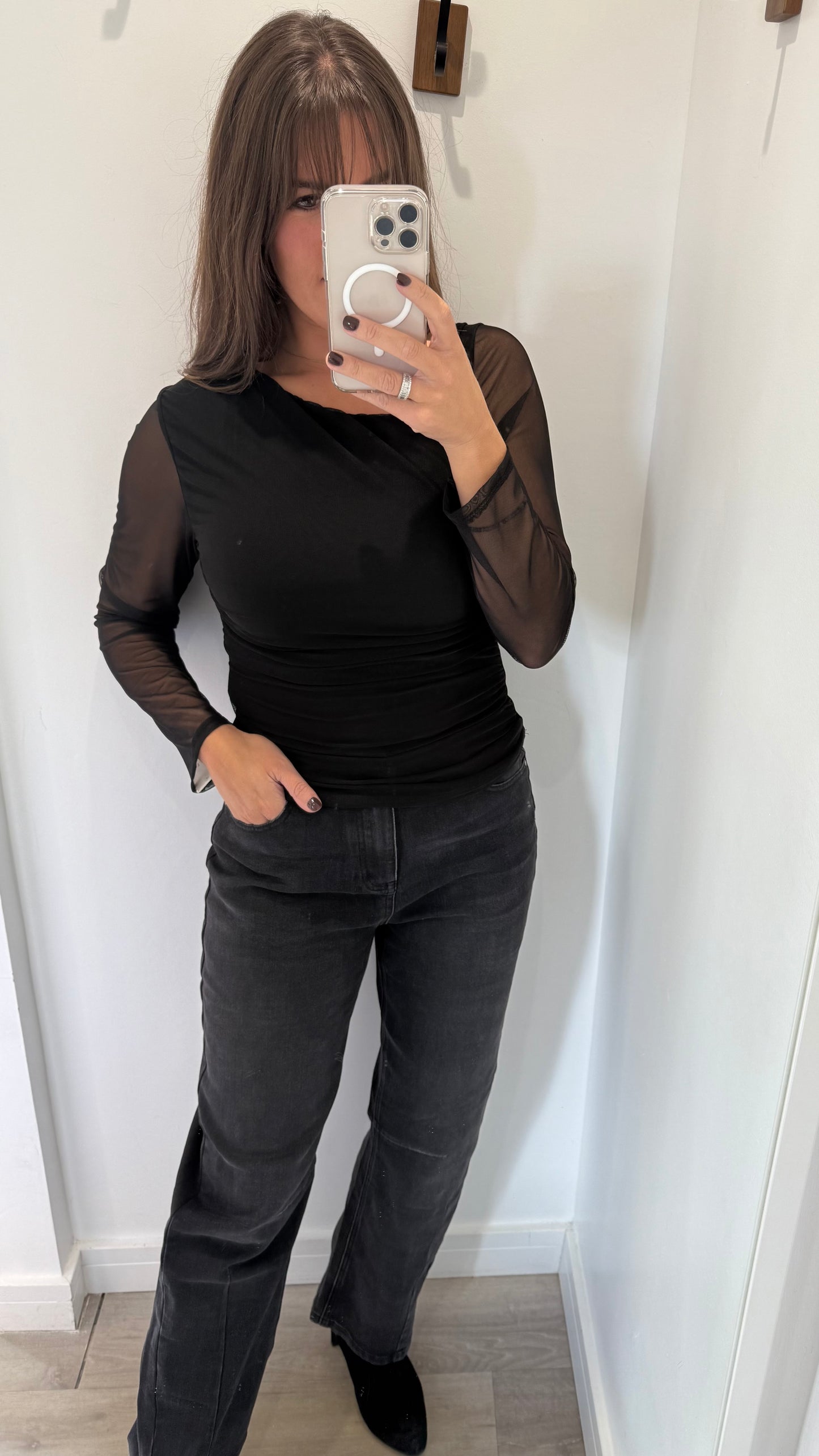 BLACK MESH SHEER SLEEVE TOP WITH ASYMMETRIC NECKLINE