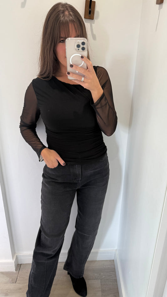 BLACK MESH SHEER SLEEVE TOP WITH ASYMMETRIC NECKLINE