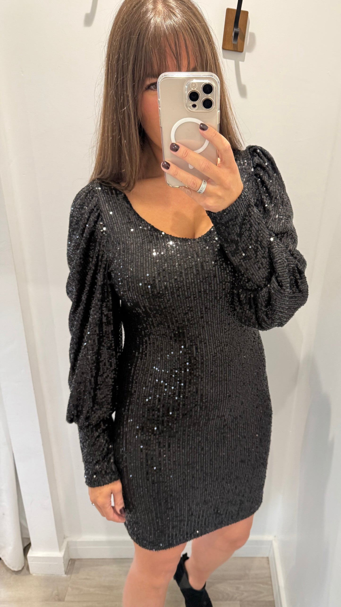 BLACK SEQUIN V-NECK DRESS