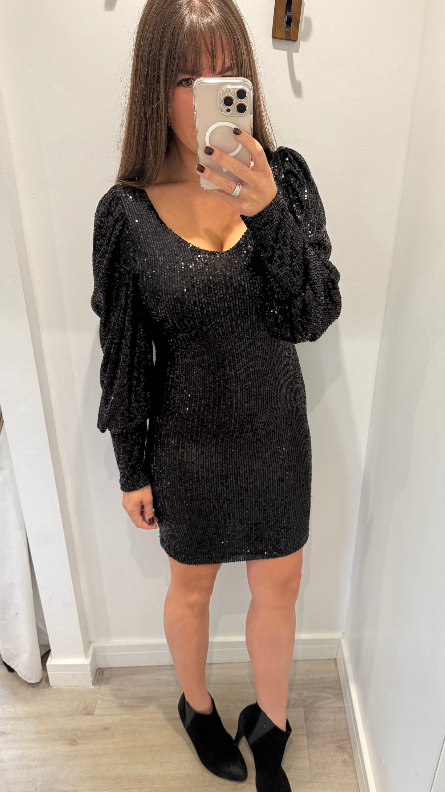 BLACK SEQUIN V-NECK DRESS