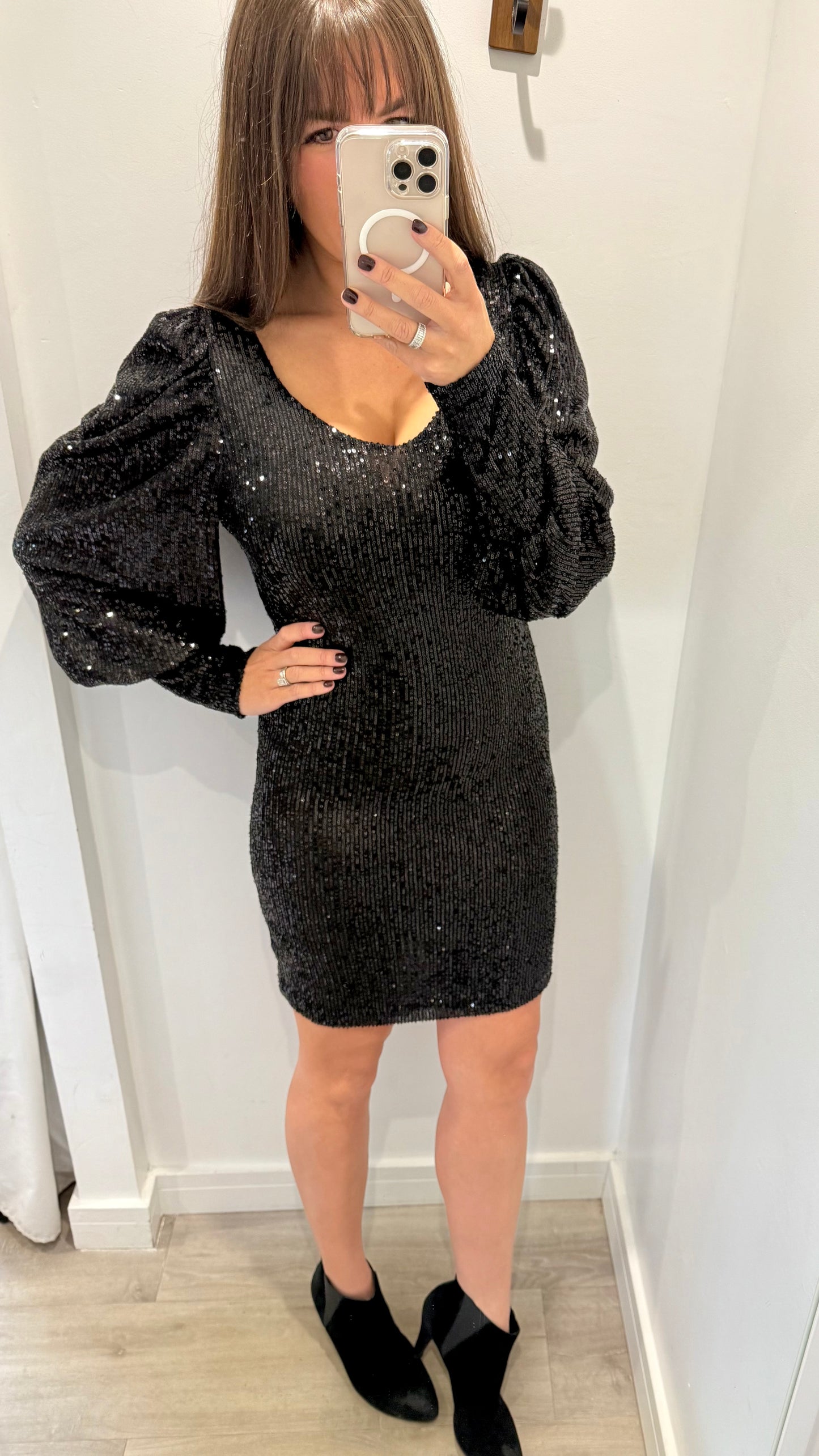 BLACK SEQUIN V-NECK DRESS