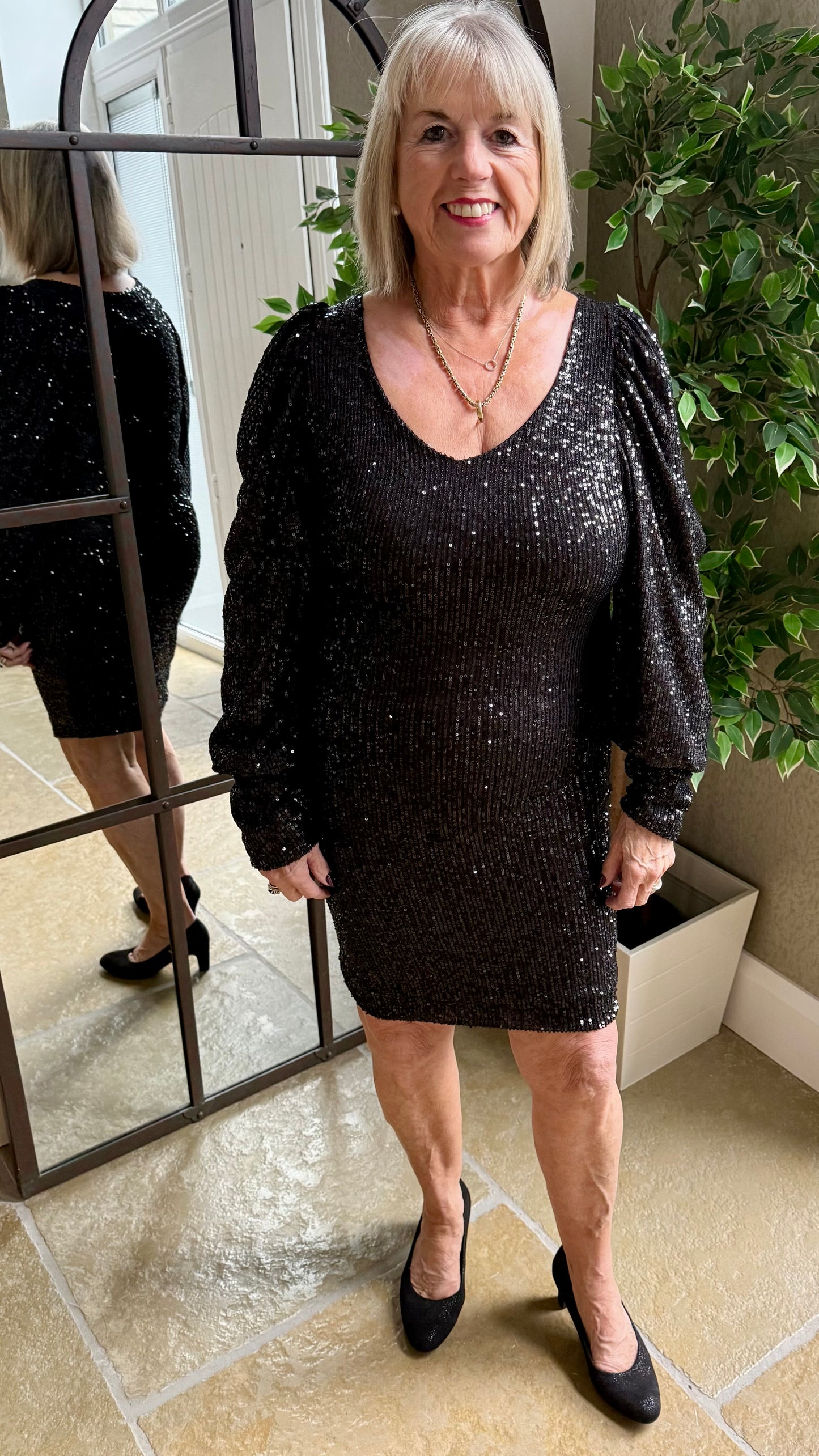 BLACK SEQUIN V-NECK DRESS
