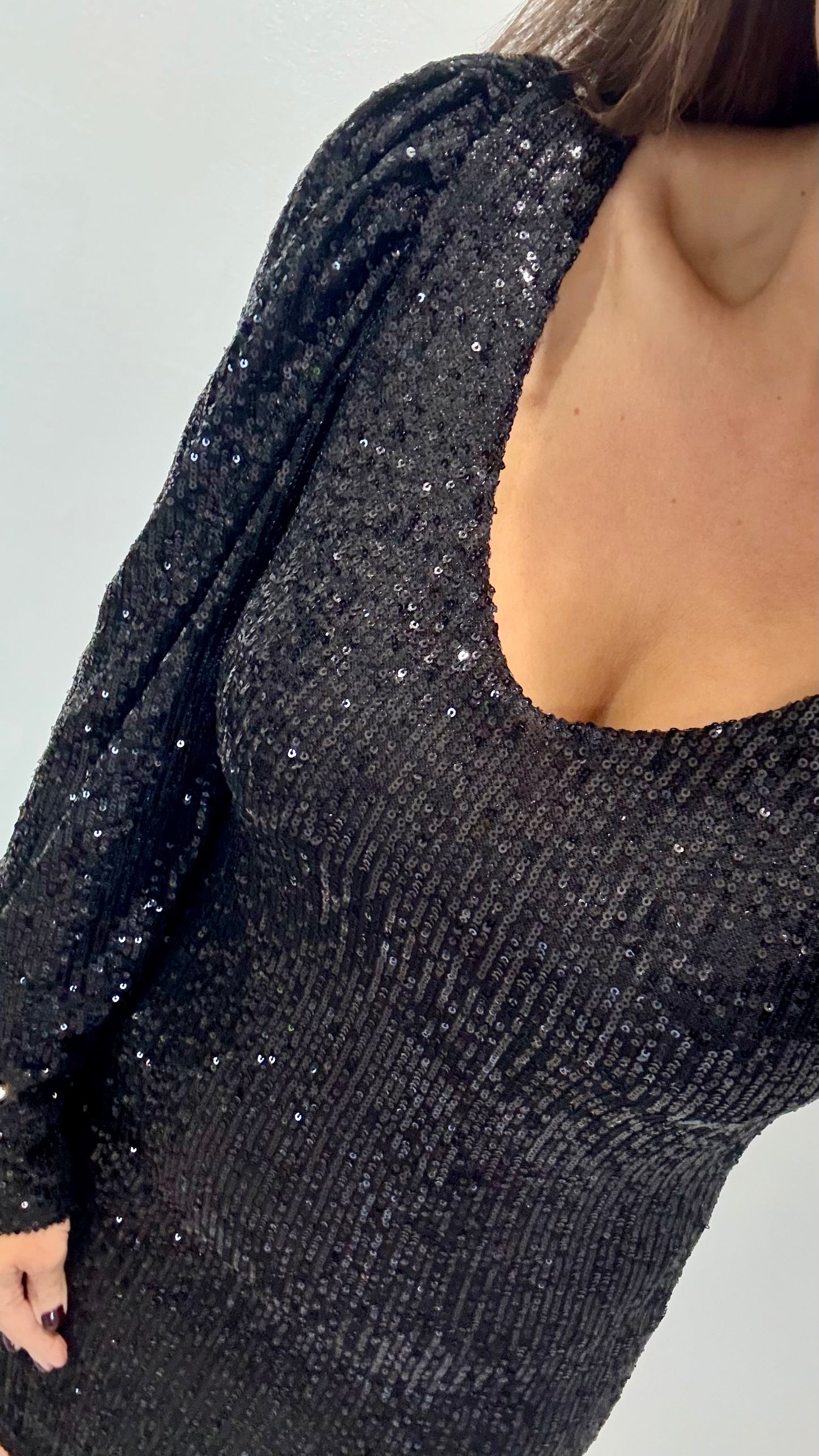 BLACK SEQUIN V-NECK DRESS