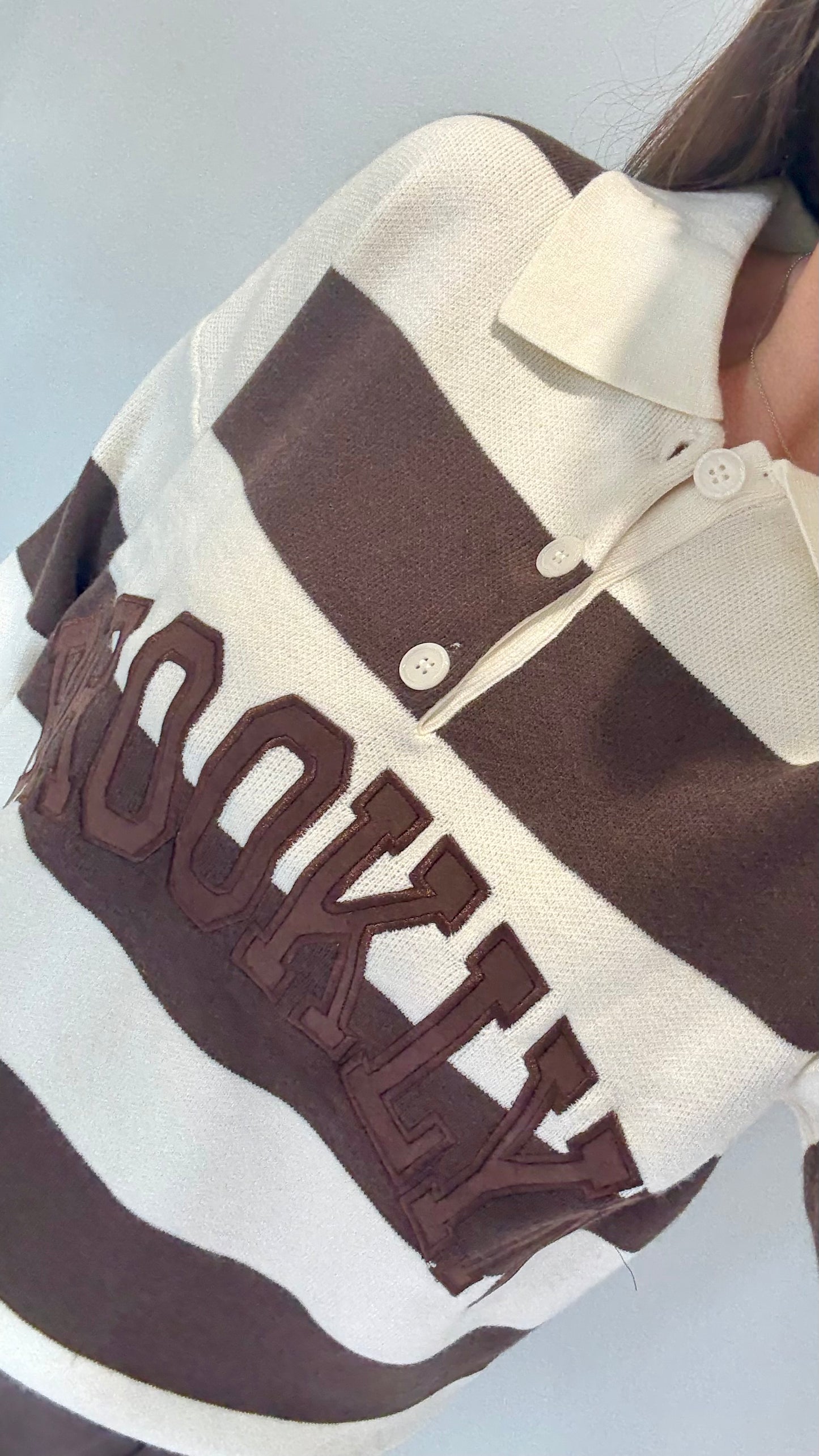 CREAM & BROWN BROOKLYN SLOGAN STRIPE JUMPER - RUGBY STRIPE