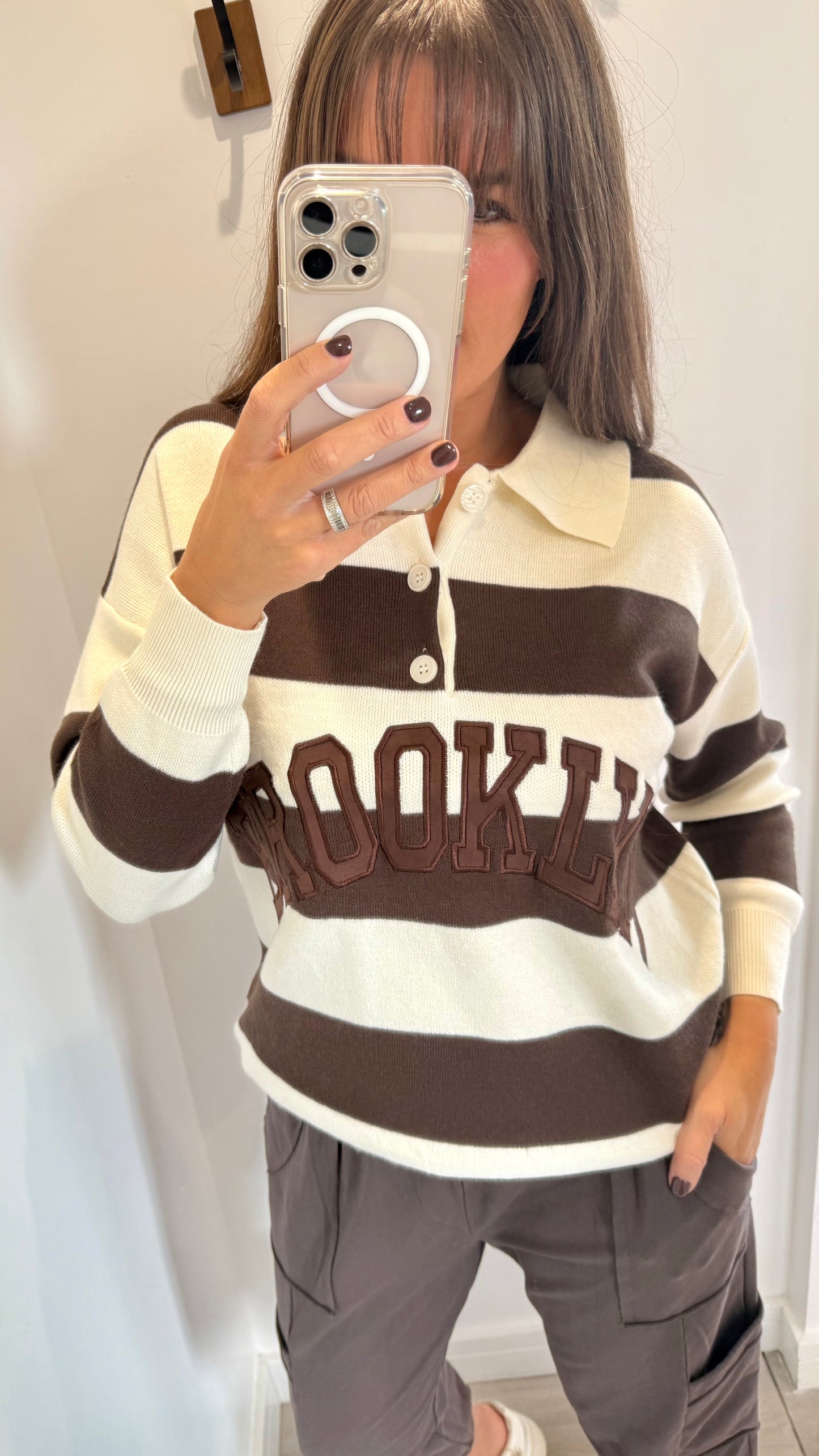 CREAM & BROWN BROOKLYN SLOGAN STRIPE JUMPER - RUGBY STRIPE