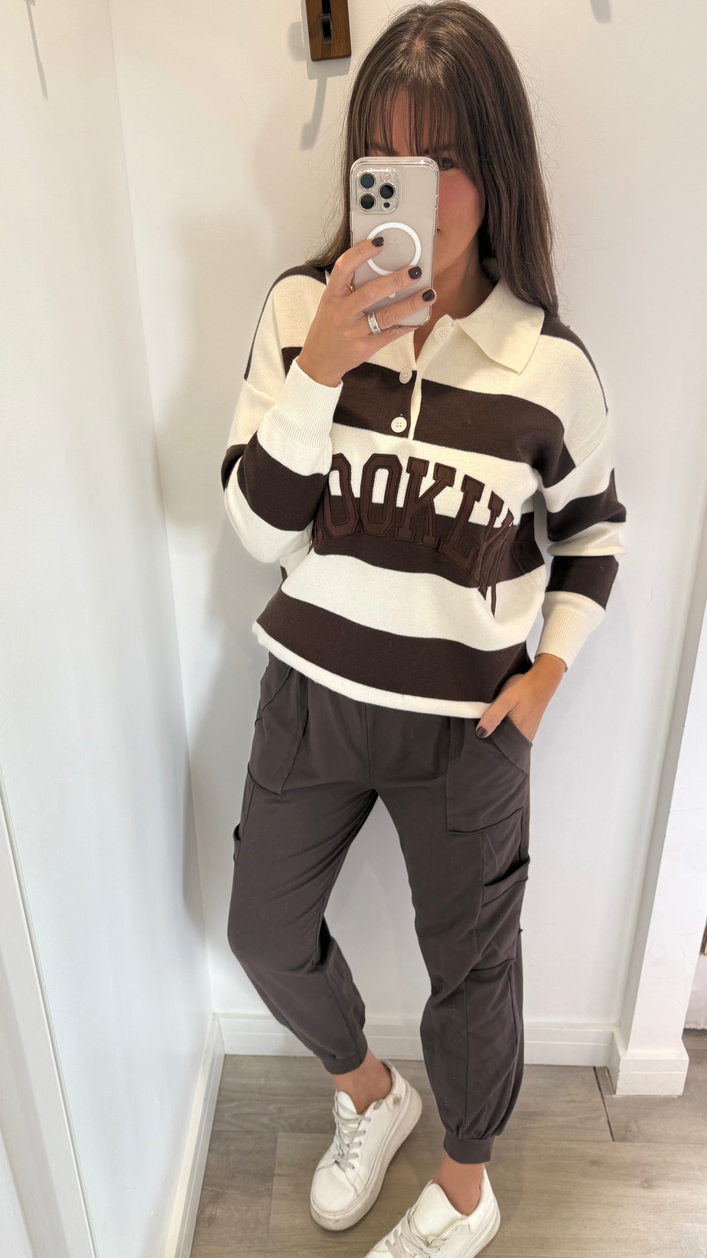 CREAM & BROWN BROOKLYN SLOGAN STRIPE JUMPER - RUGBY STRIPE