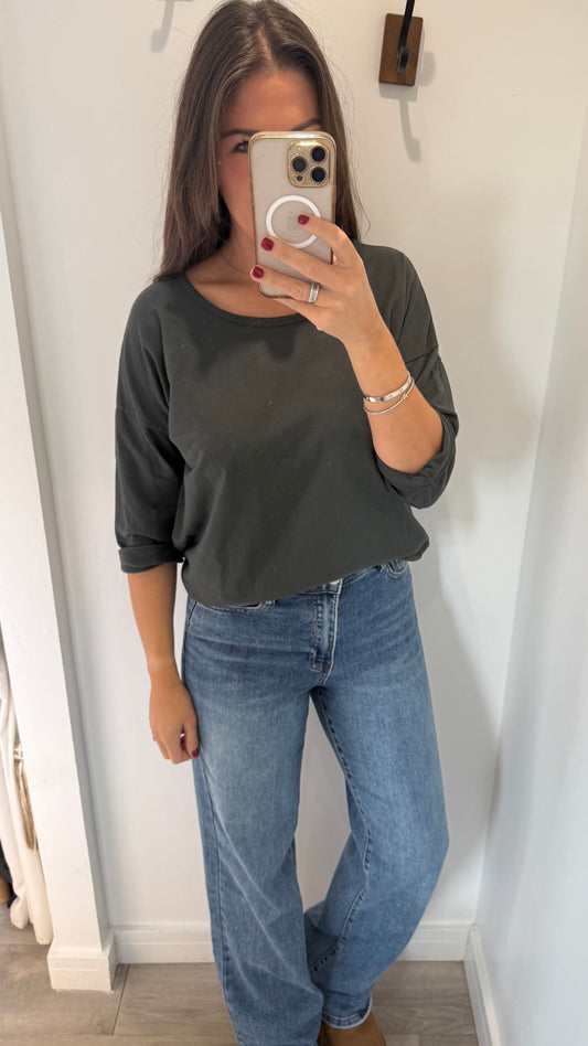 CHARCOAL GREY ROLL SLEEVE SWEAT TOP