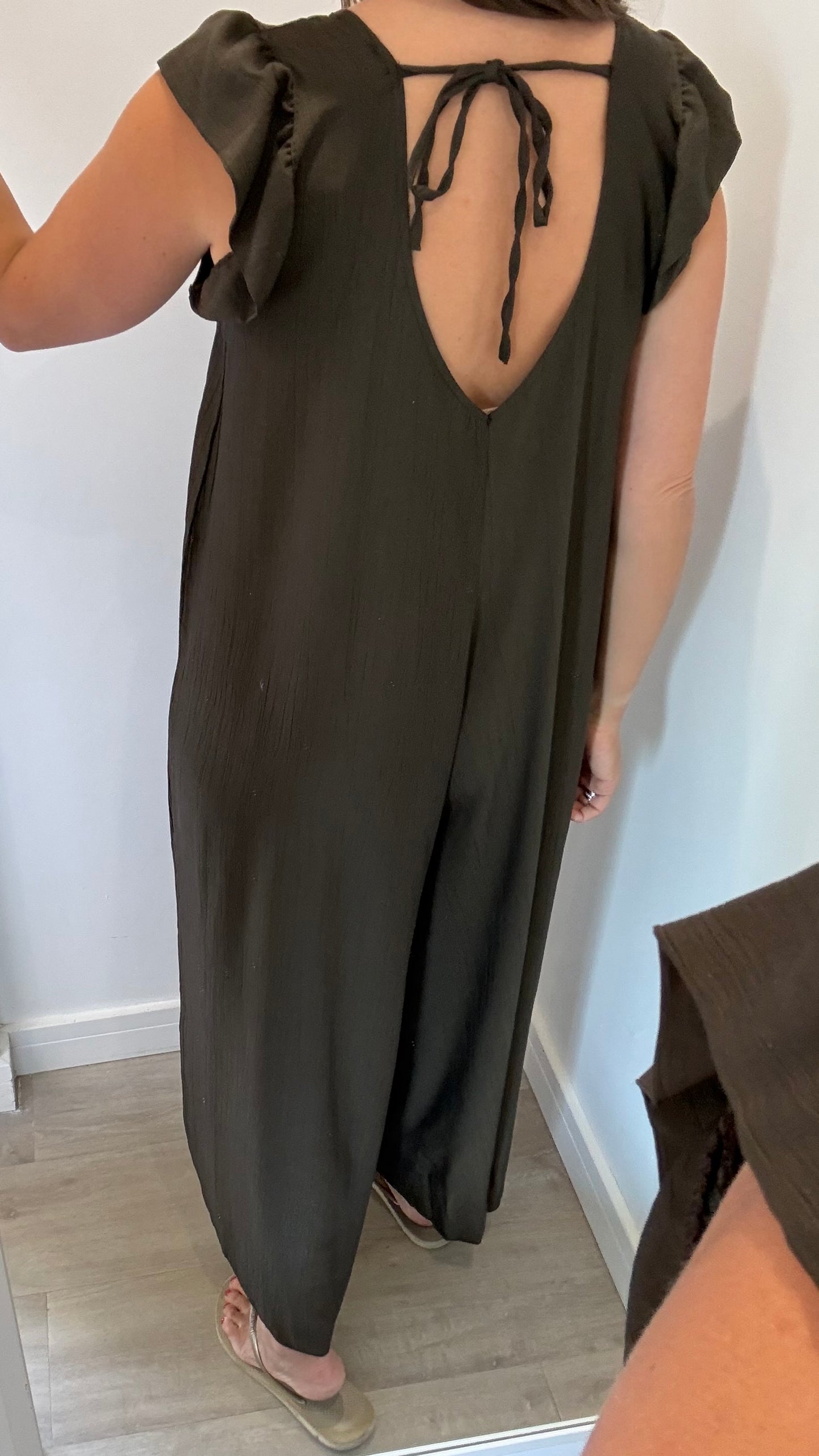 CHOCOLATE FRILL SLEEVE TIE-BACK JUMPSUIT