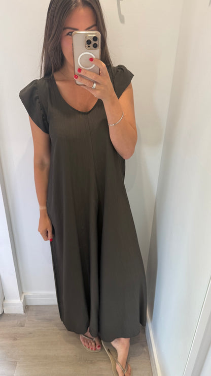 CHOCOLATE FRILL SLEEVE TIE-BACK JUMPSUIT
