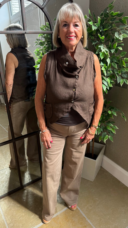 CHOCOLATE BROWN LINEN COWL WAISTCOAT TOP
