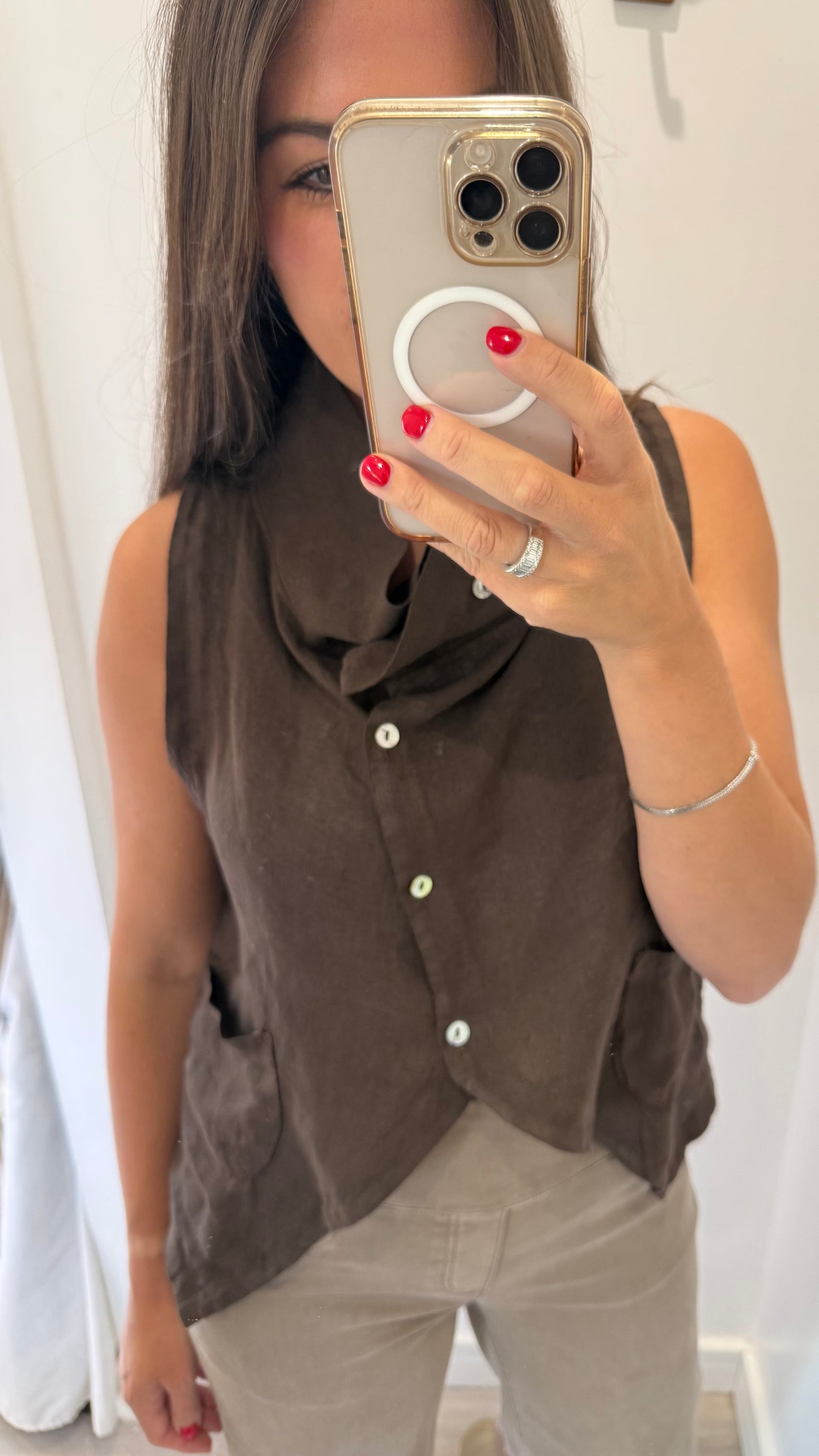 CHOCOLATE BROWN LINEN COWL WAISTCOAT TOP