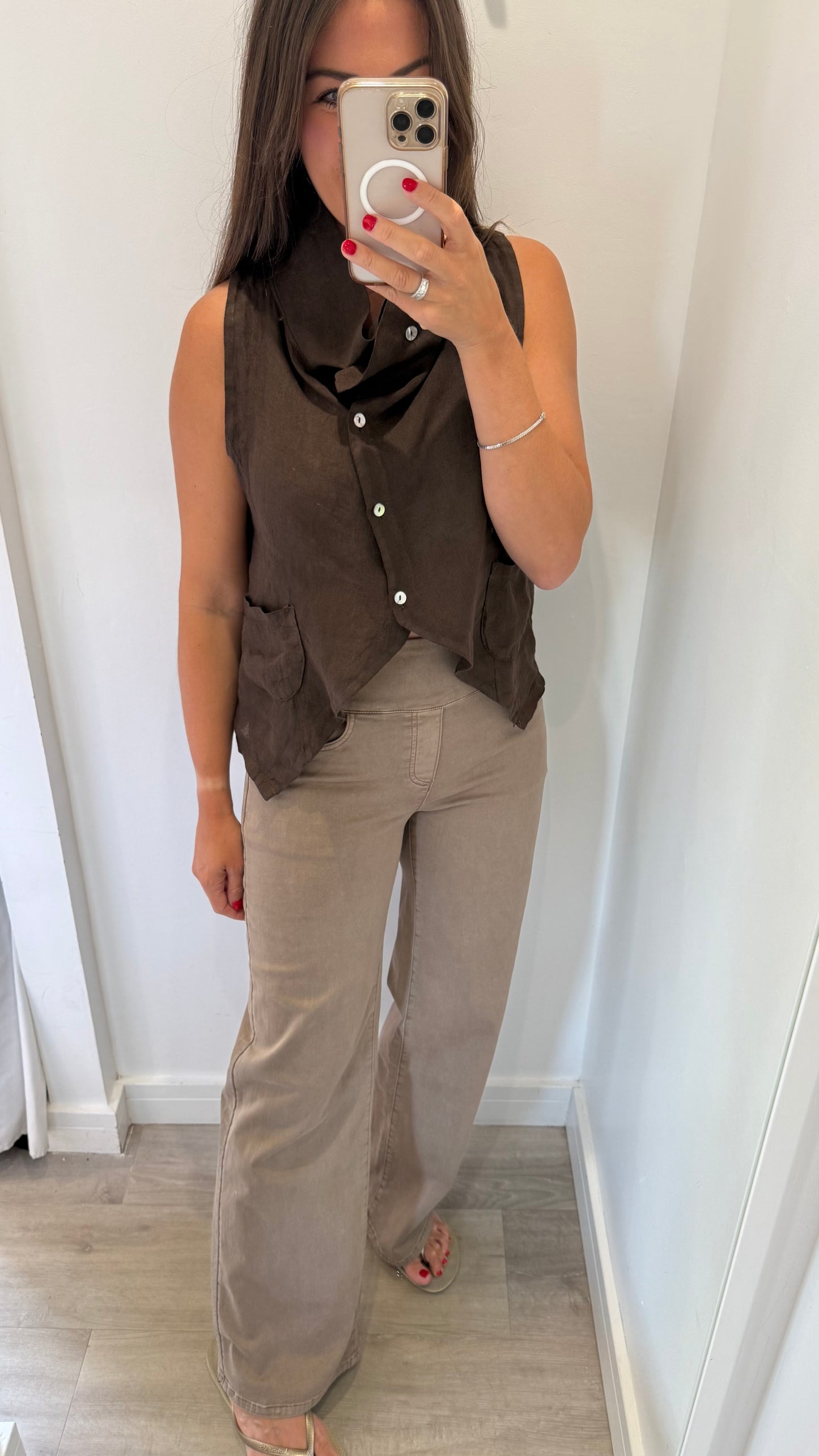 CHOCOLATE BROWN LINEN COWL WAISTCOAT TOP
