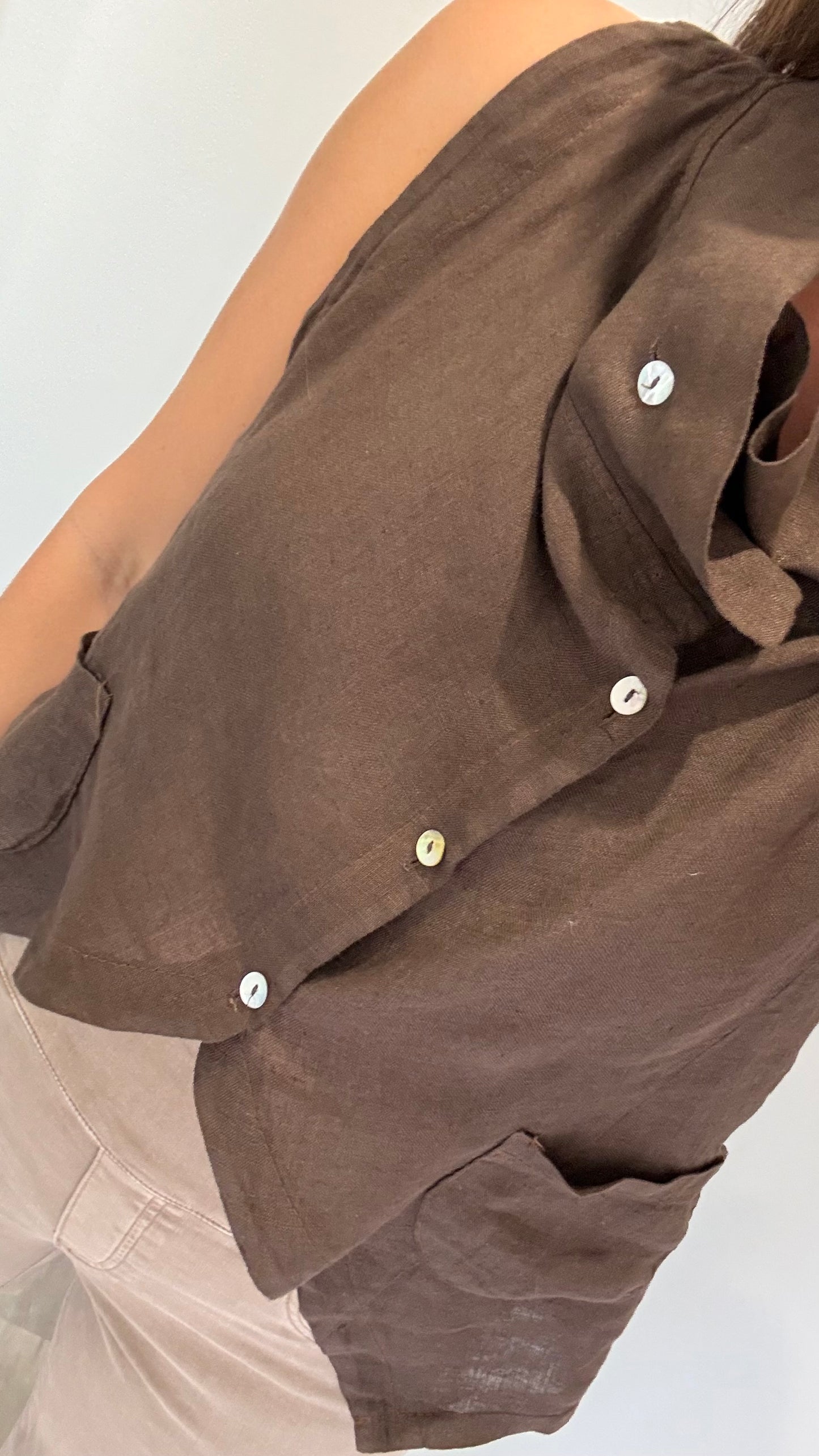 CHOCOLATE BROWN LINEN COWL WAISTCOAT TOP