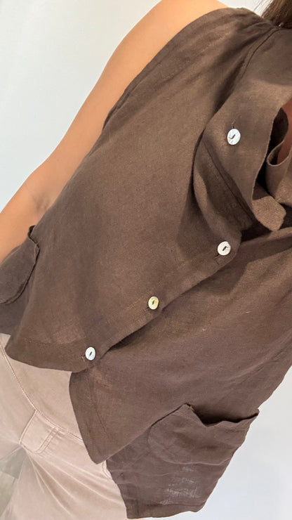 CHOCOLATE BROWN LINEN COWL WAISTCOAT TOP