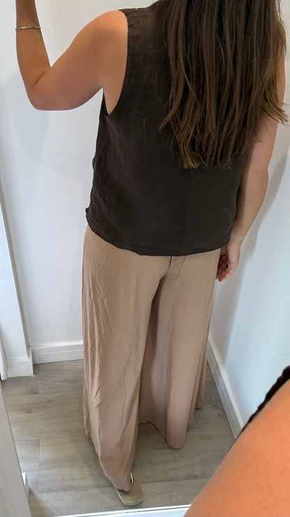 CHOCOLATE BROWN LINEN COWL WAISTCOAT TOP