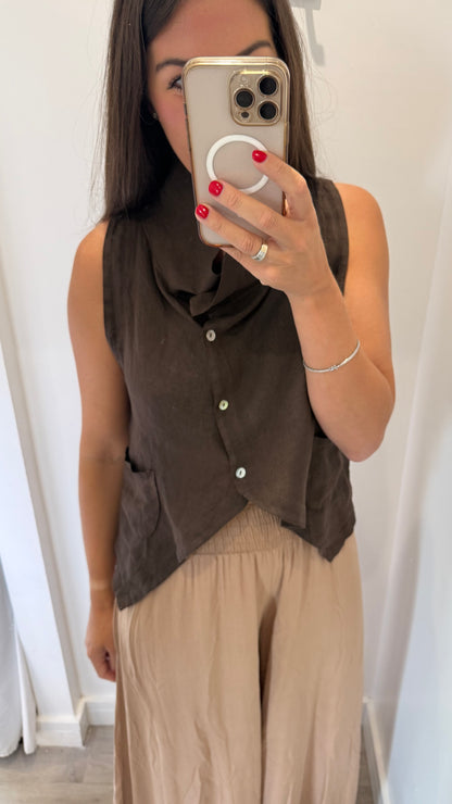 CHOCOLATE BROWN LINEN COWL WAISTCOAT TOP