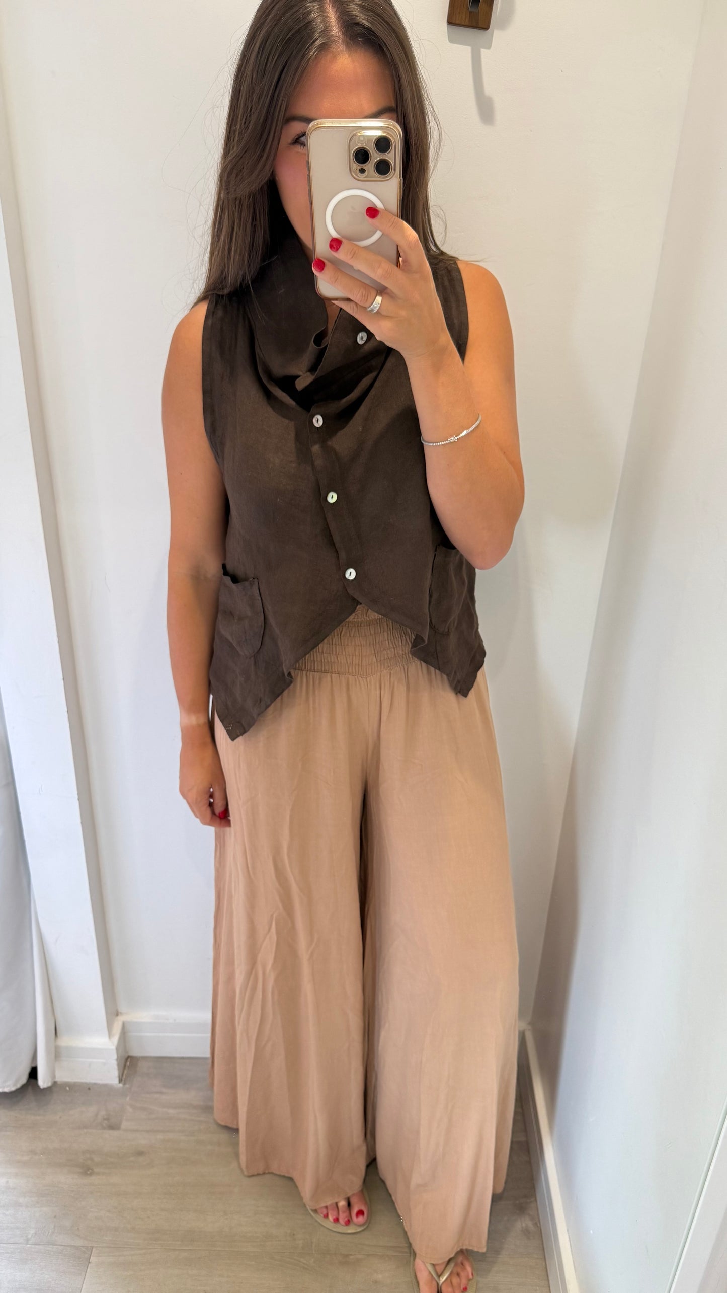 CHOCOLATE BROWN LINEN COWL WAISTCOAT TOP
