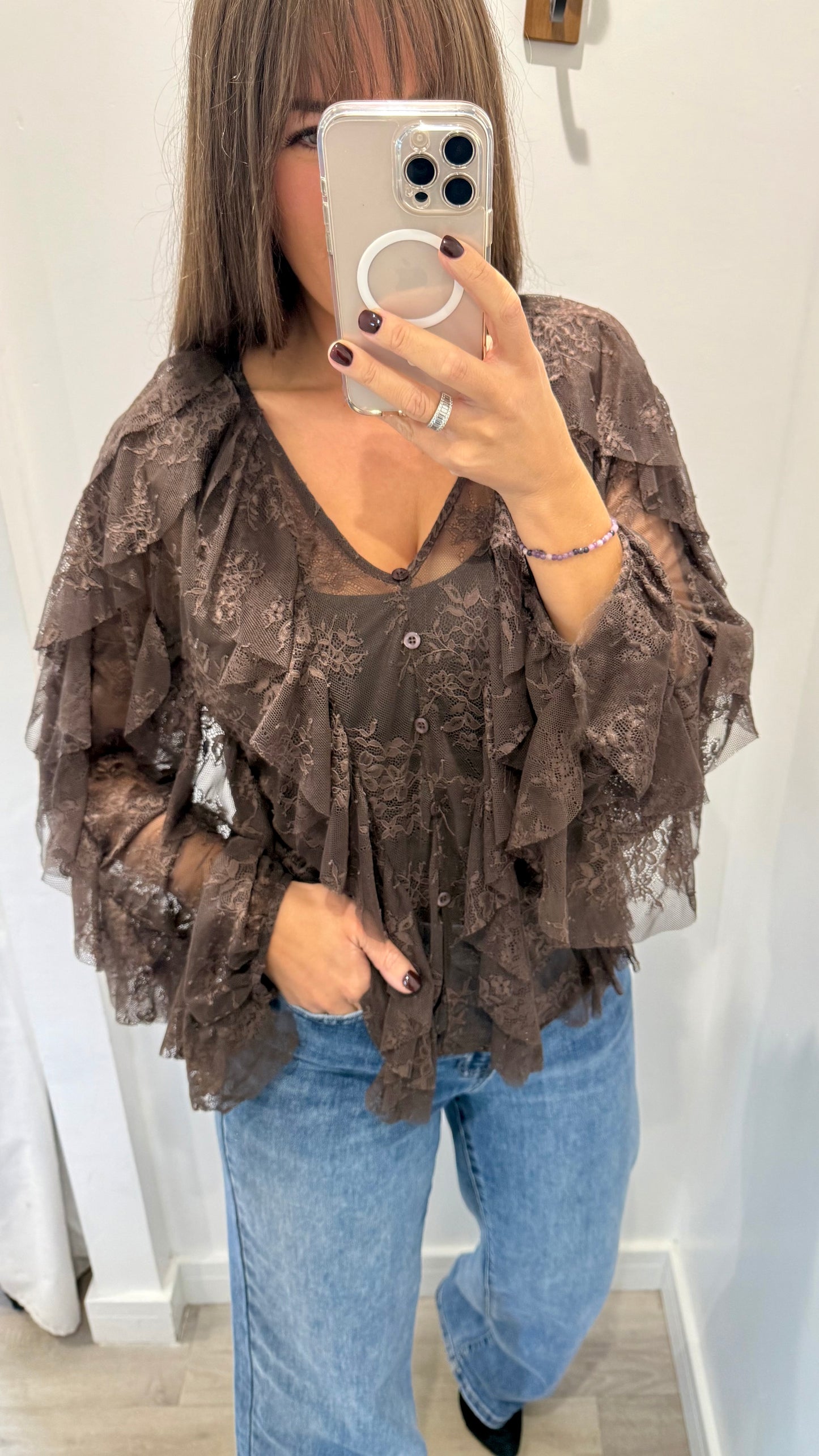 CHOCOLATE LACE LAYERED RUFFLE BLOUSE