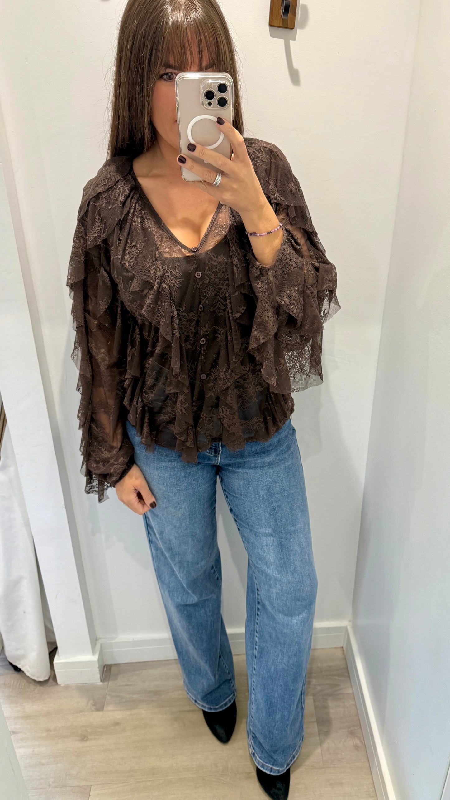 CHOCOLATE LACE LAYERED RUFFLE BLOUSE
