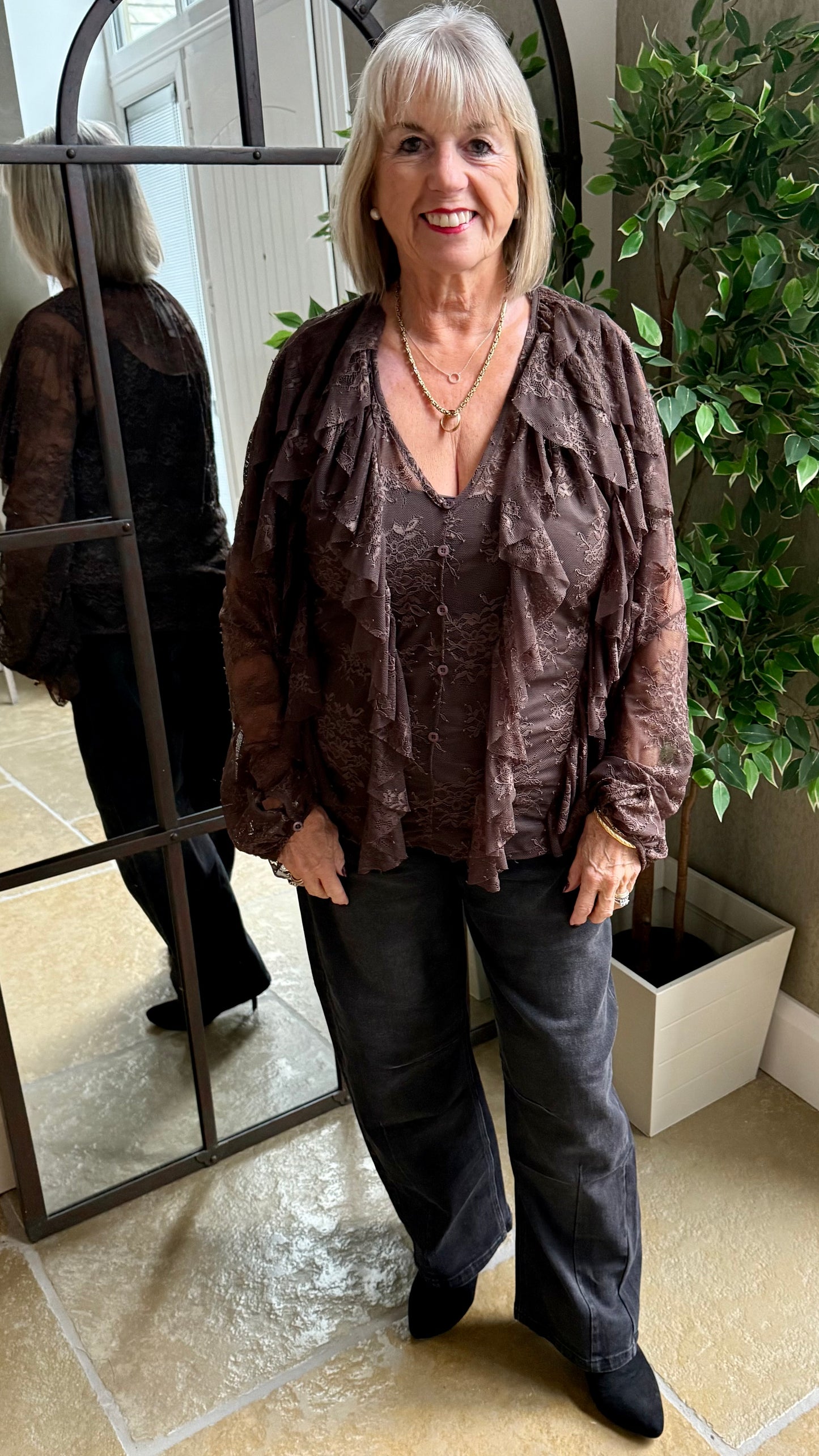 CHOCOLATE LACE LAYERED RUFFLE BLOUSE