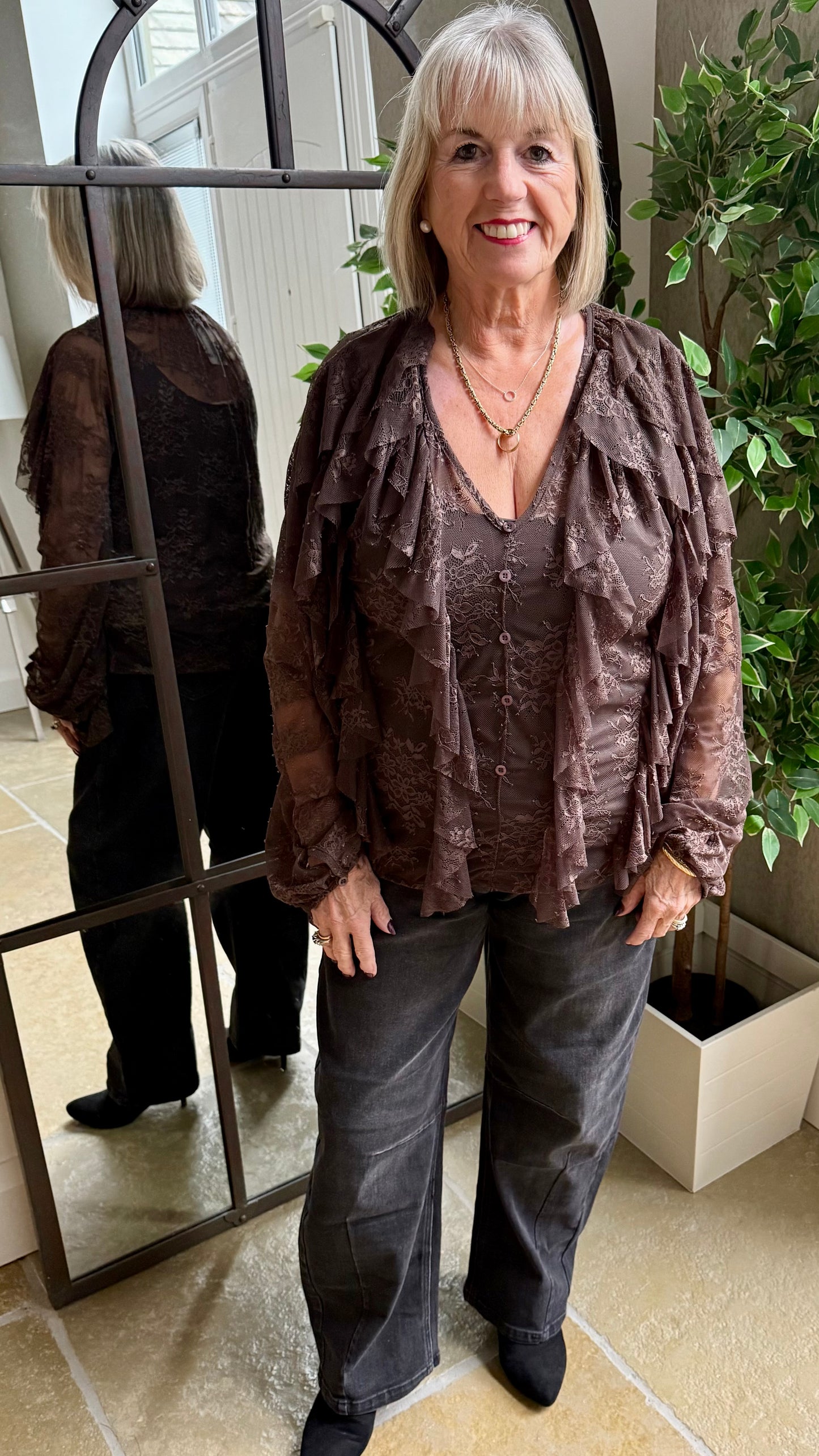 CHOCOLATE LACE LAYERED RUFFLE BLOUSE