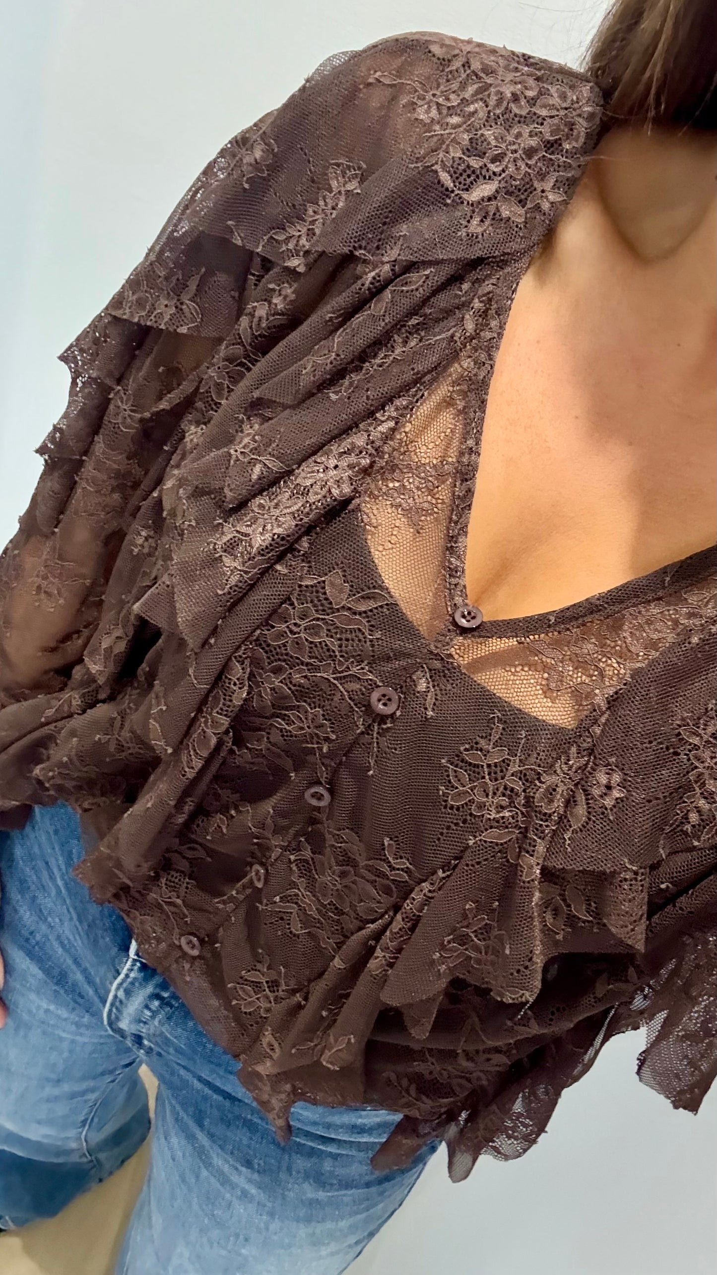 CHOCOLATE LACE LAYERED RUFFLE BLOUSE
