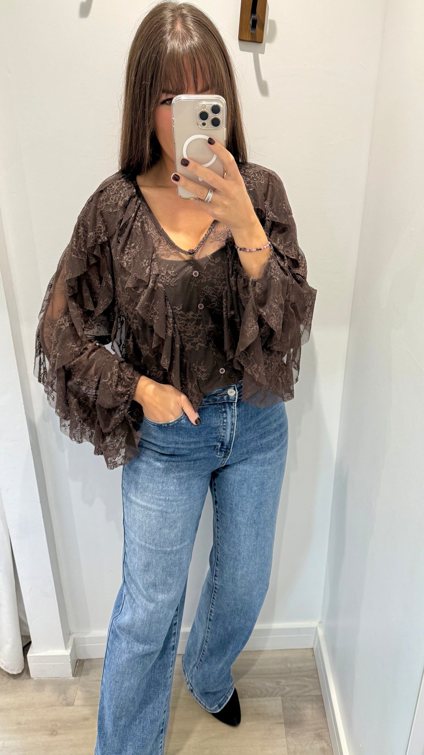 CHOCOLATE LACE LAYERED RUFFLE BLOUSE