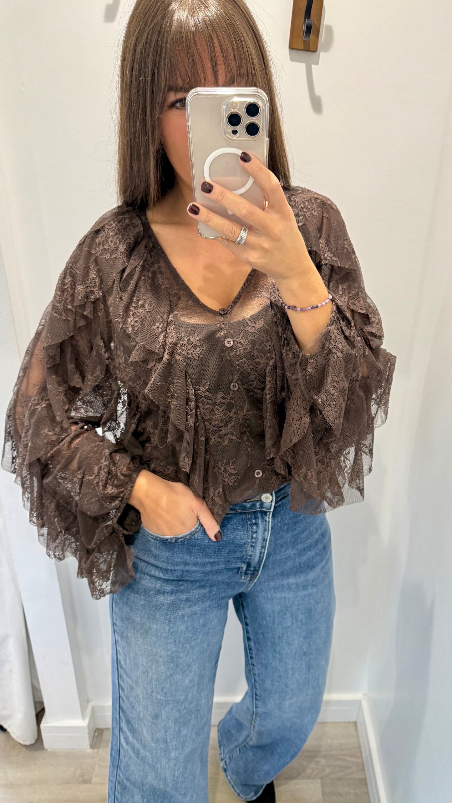 CHOCOLATE LACE LAYERED RUFFLE BLOUSE