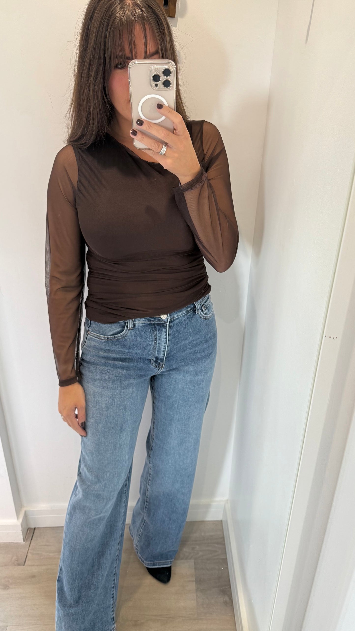 CHOCOLATE MESH SHEER SLEEVE TOP WITH ASYMMETRIC NECKLINE