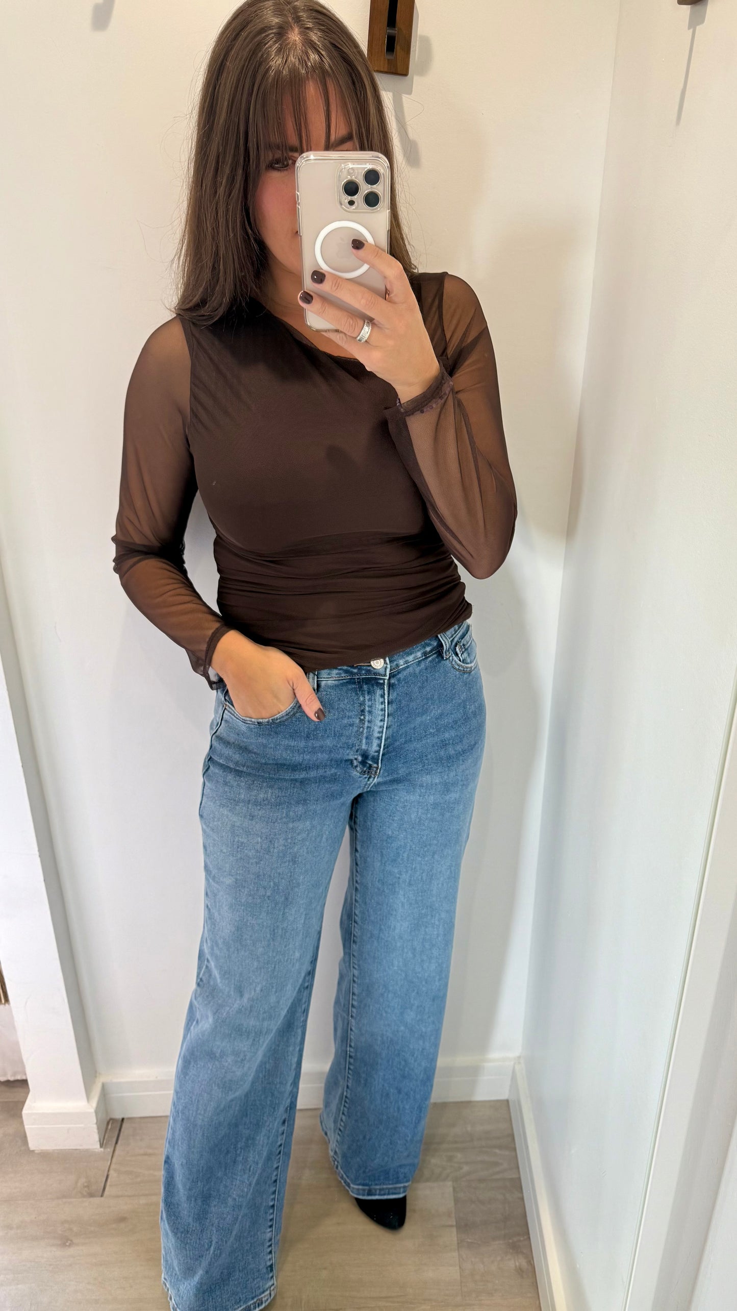 CHOCOLATE MESH SHEER SLEEVE TOP WITH ASYMMETRIC NECKLINE