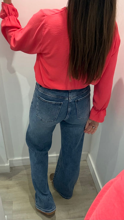 CORAL FRILL CUFF V-NECK BLOUSE