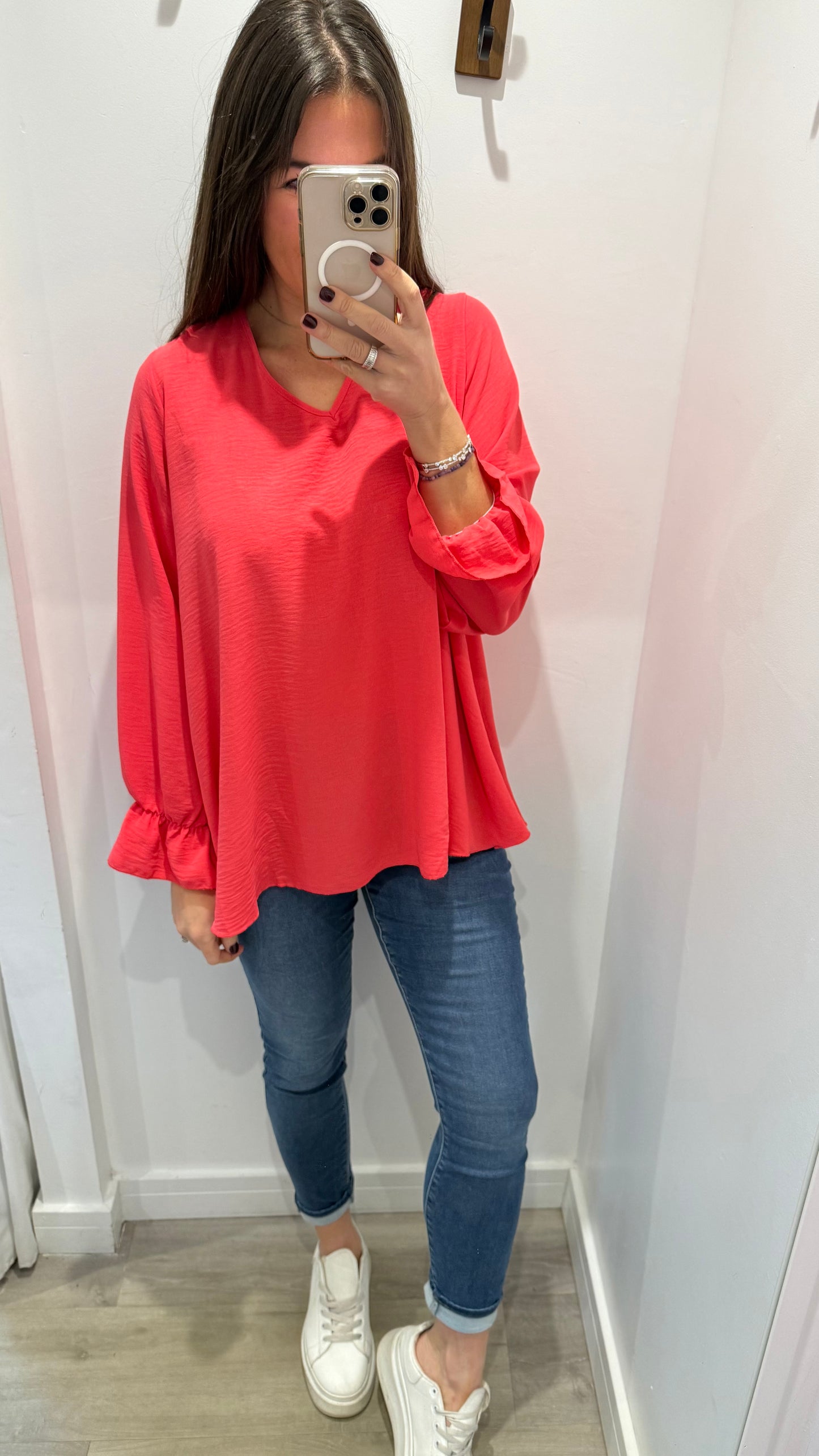 CORAL FRILL CUFF V-NECK BLOUSE