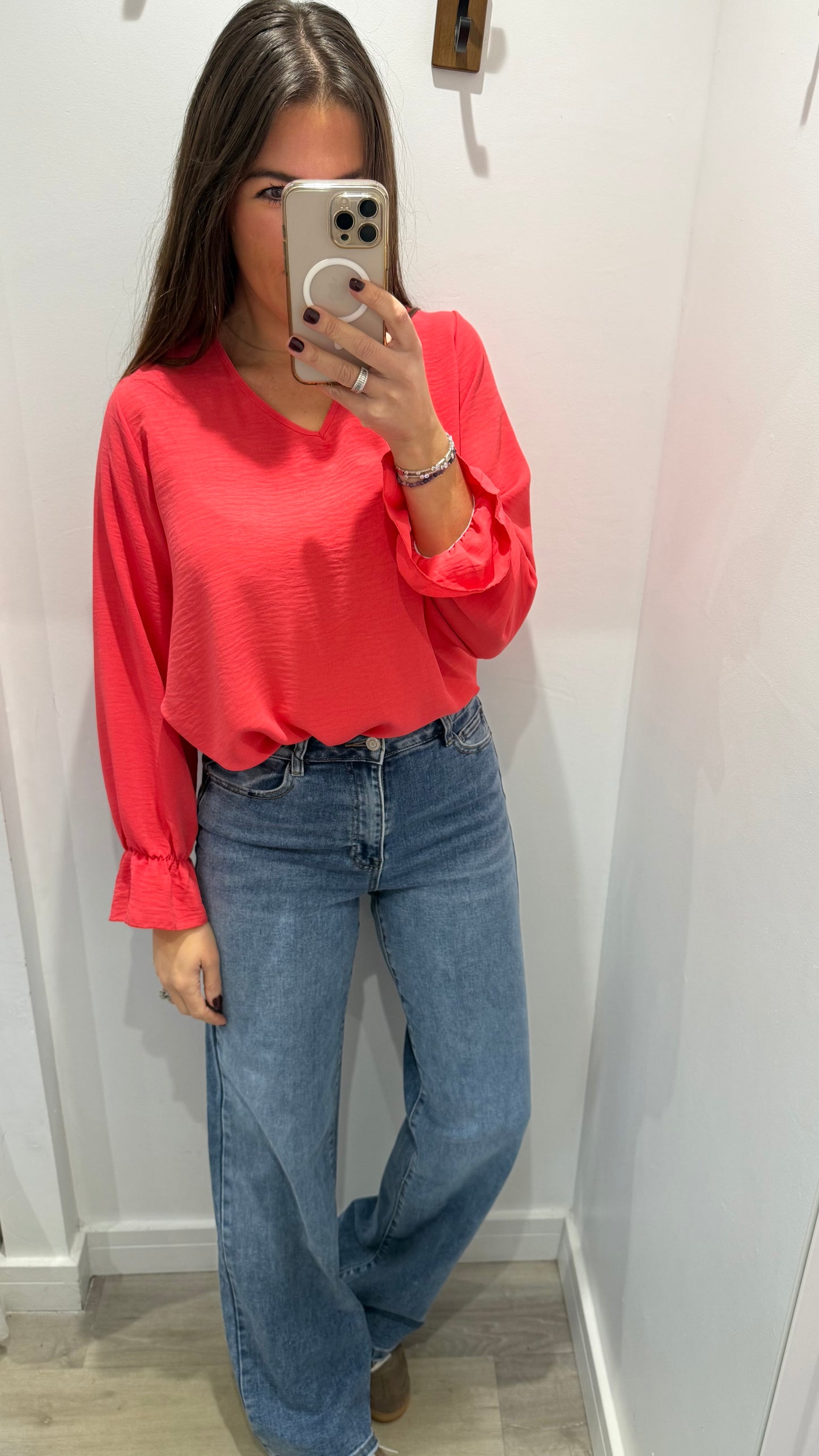 CORAL FRILL CUFF V-NECK BLOUSE