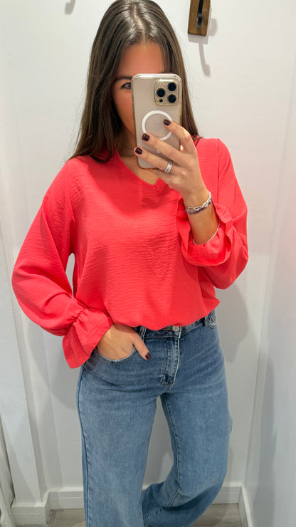 CORAL FRILL CUFF V-NECK BLOUSE